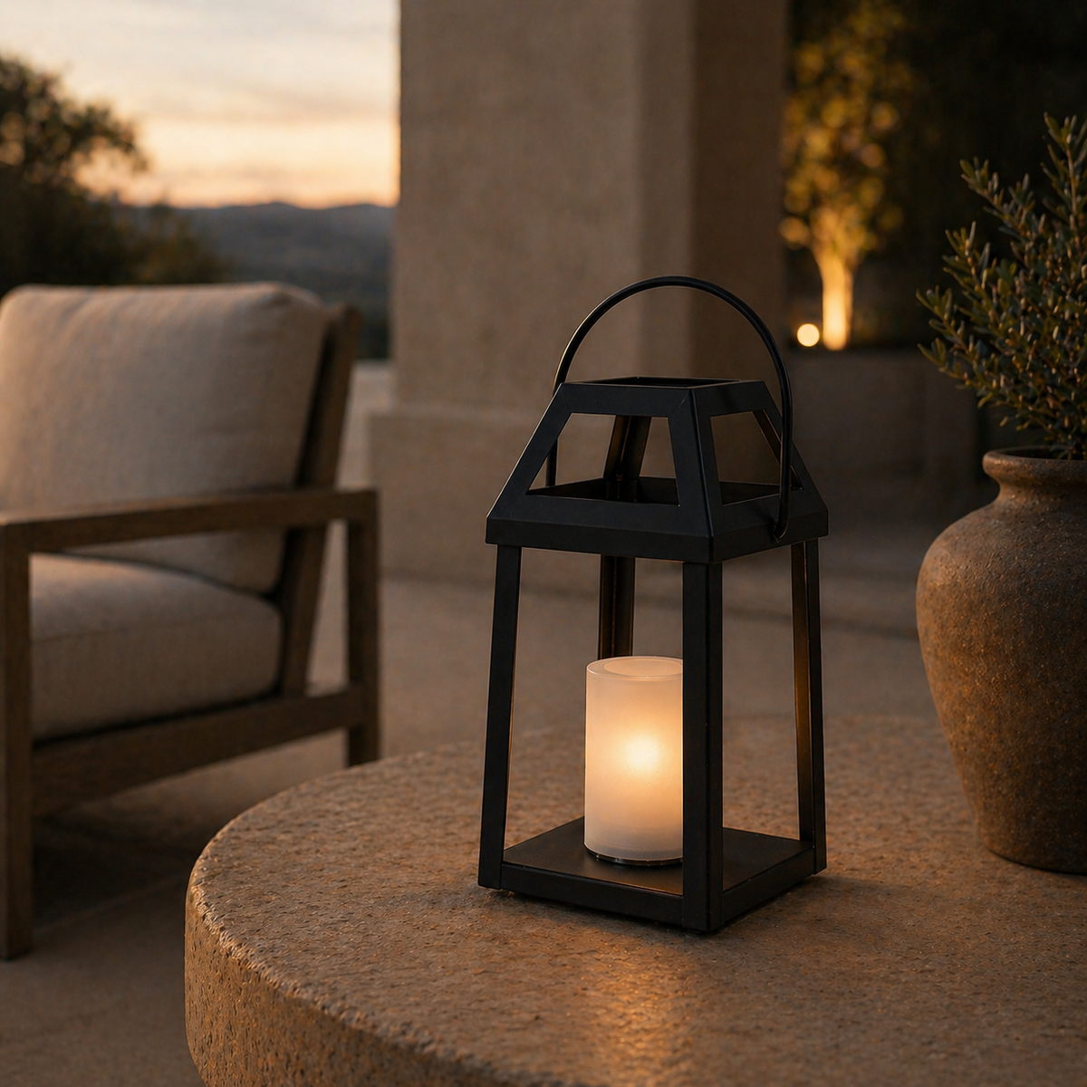 H13” Solar Outdoor Lantern with Flickering Candle Modern Metal Solar Lantern with Handle, Waterproof Patio Table & Hanging Light Auto On/Off for Garden Deck