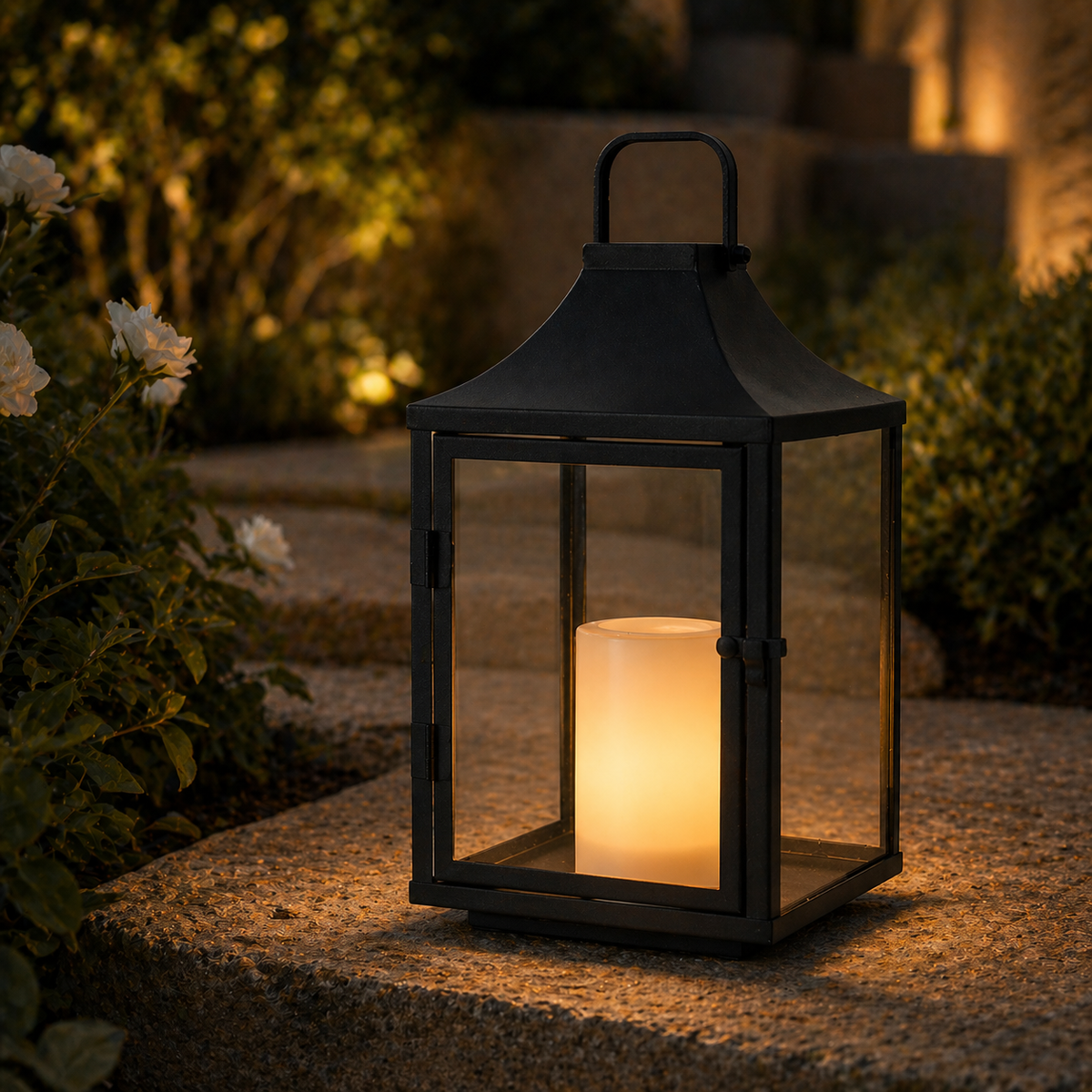 H12 Inch Outdoor Solar Lantern with Flickering LED Candle Black Metal Decorative Lantern with Tempered Glass for Patio Porch Garden Table Waterproof Hanging Lantern
