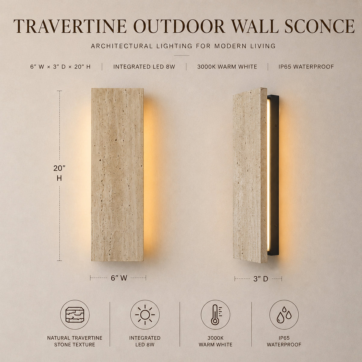 Modern Outdoor Wall Sconce 20" Architectural Exterior Light Fixture Integrated 8W LED IP65 Waterproof Up & Down Lighting Travertine-Inspired Design for House Patio & Entryway