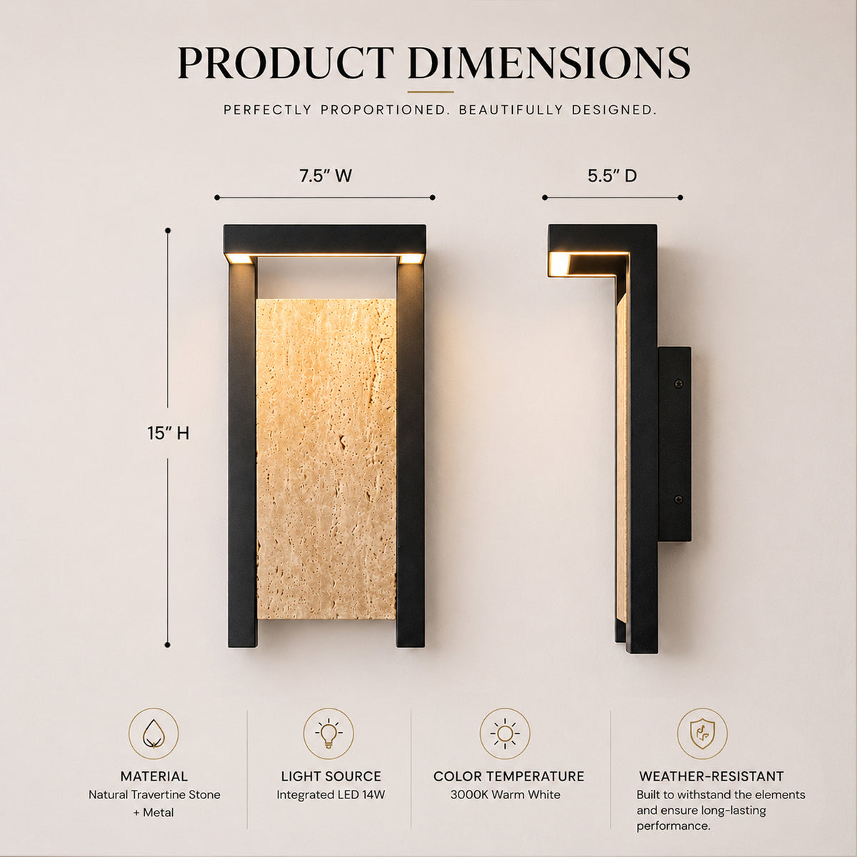 Modern Architectural Outdoor Wall Sconce H15" LED Exterior Wall Light with Travertine Stone Accent Panel 14W Integrated LED Warm Lighting Waterproof Contemporary Up & Down Design for Luxury Home Exterior