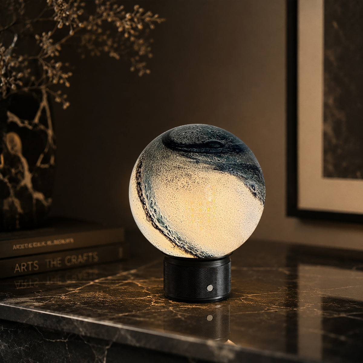 Hand-Blown Cosmic Blue Glass Globe Cordless Rechargeable Table Lamp with Flicker-Free LED 3-Level Dimmable and Long-Lasting Battery Bedside Lamp