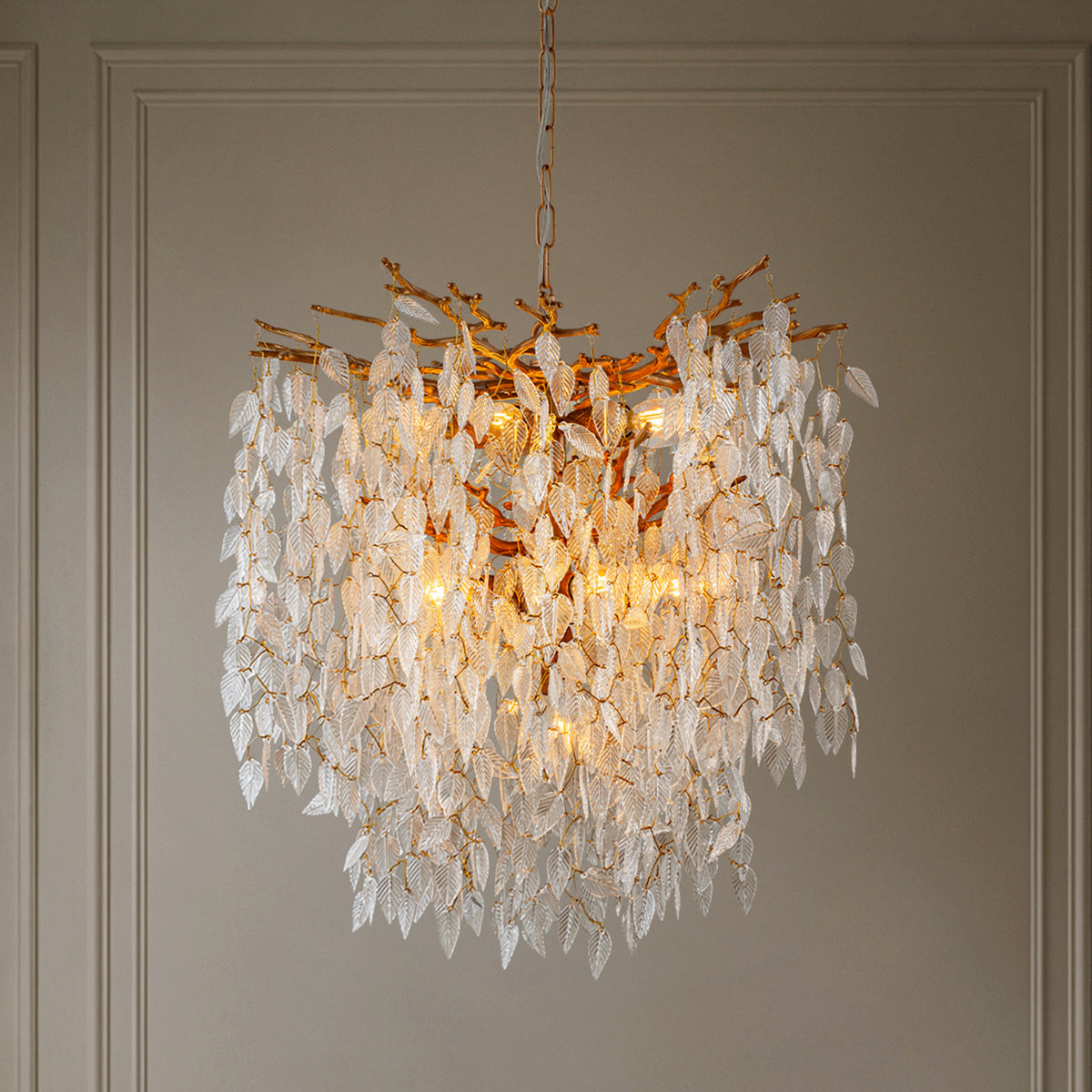 11-Light 22'' Modern Branch Chandelier with Glass Leaves in Painted Brass for Dining Room and Entryway