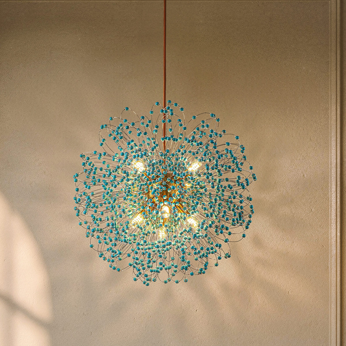 20'' Antique Gold Modern Eclectic Starburst Chandelier with Turquoise Beads Accents for Dining Room Entryway