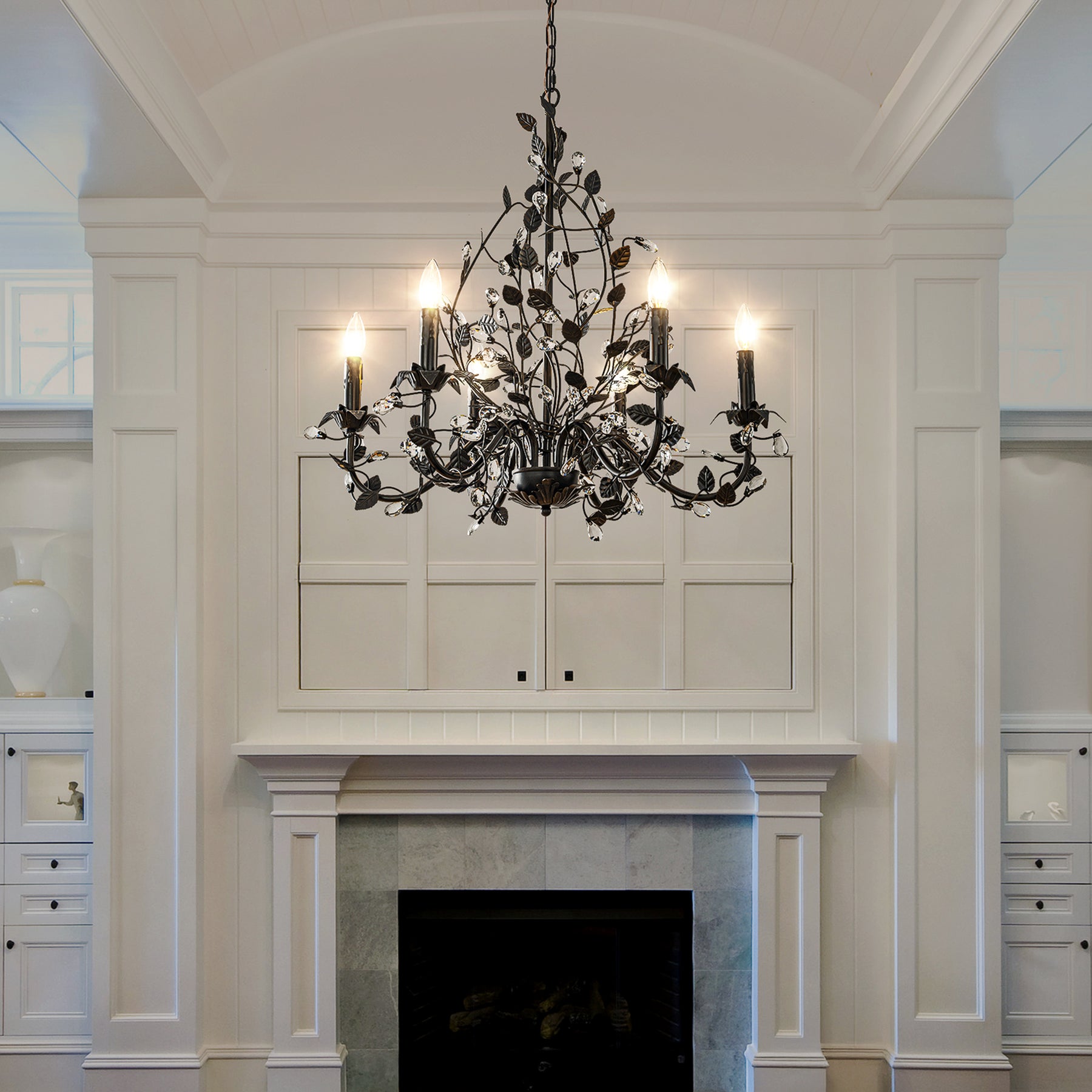 Contemporary 6-Light Dark Bronze Leaf Chandelier Elegant Interior Lighting With Crystal Accents For Dining Room Living Room
