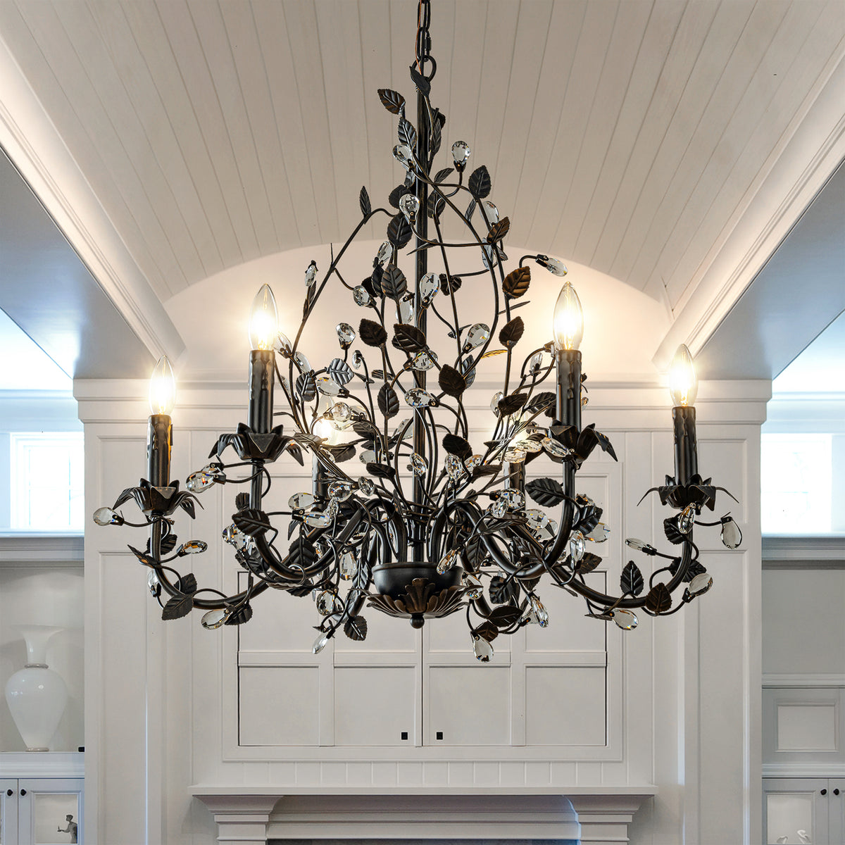 Contemporary 6-Light Dark Bronze Leaf Chandelier Elegant Interior Lighting With Crystal Accents For Dining Room Living Room