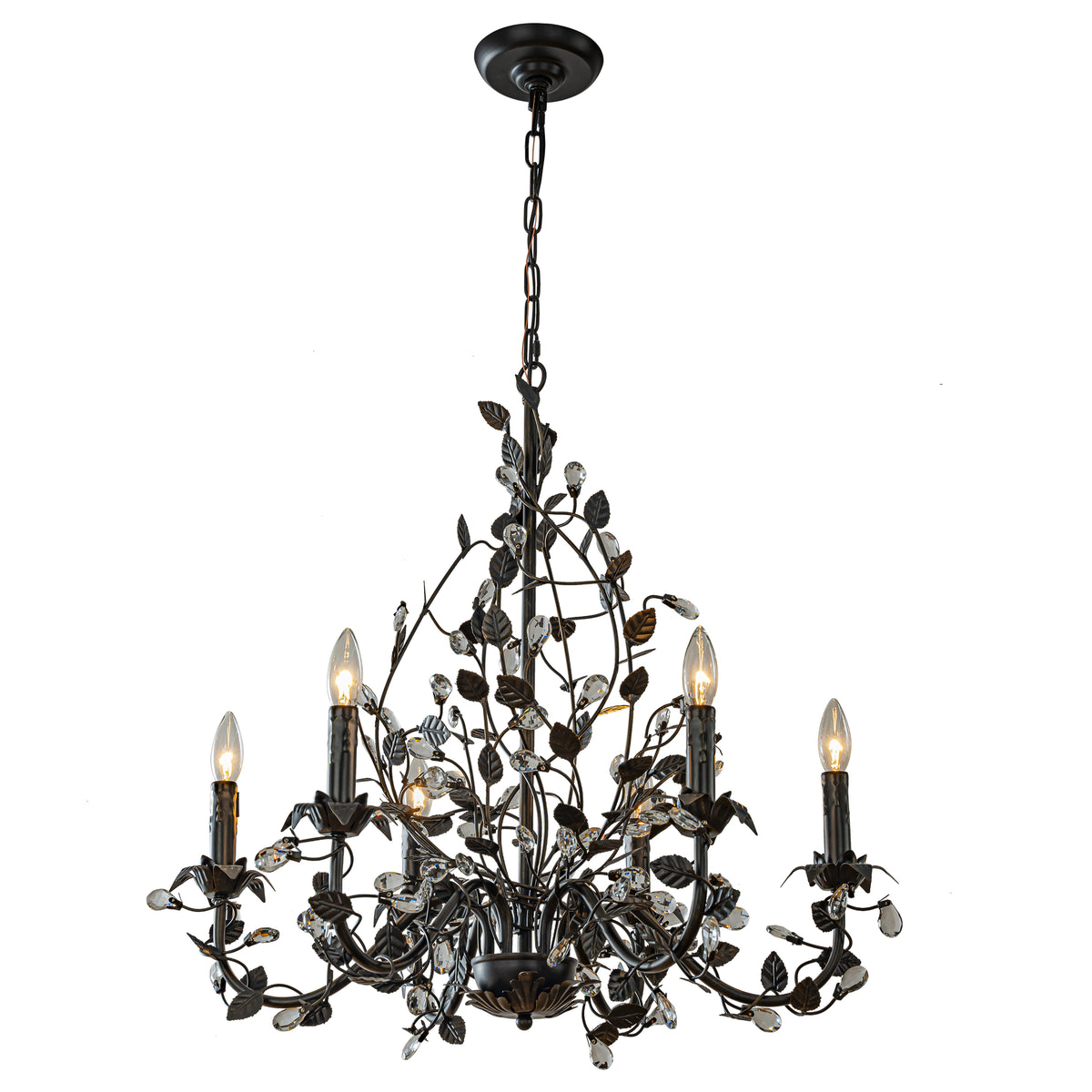 Contemporary 6-Light Dark Bronze Leaf Chandelier Elegant Interior Lighting With Crystal Accents For Dining Room Living Room