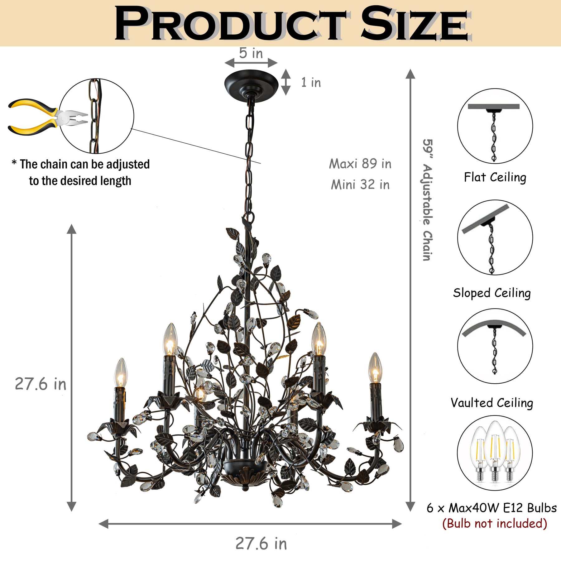 Contemporary 6-Light Dark Bronze Leaf Chandelier Elegant Interior Lighting With Crystal Accents For Dining Room Living Room