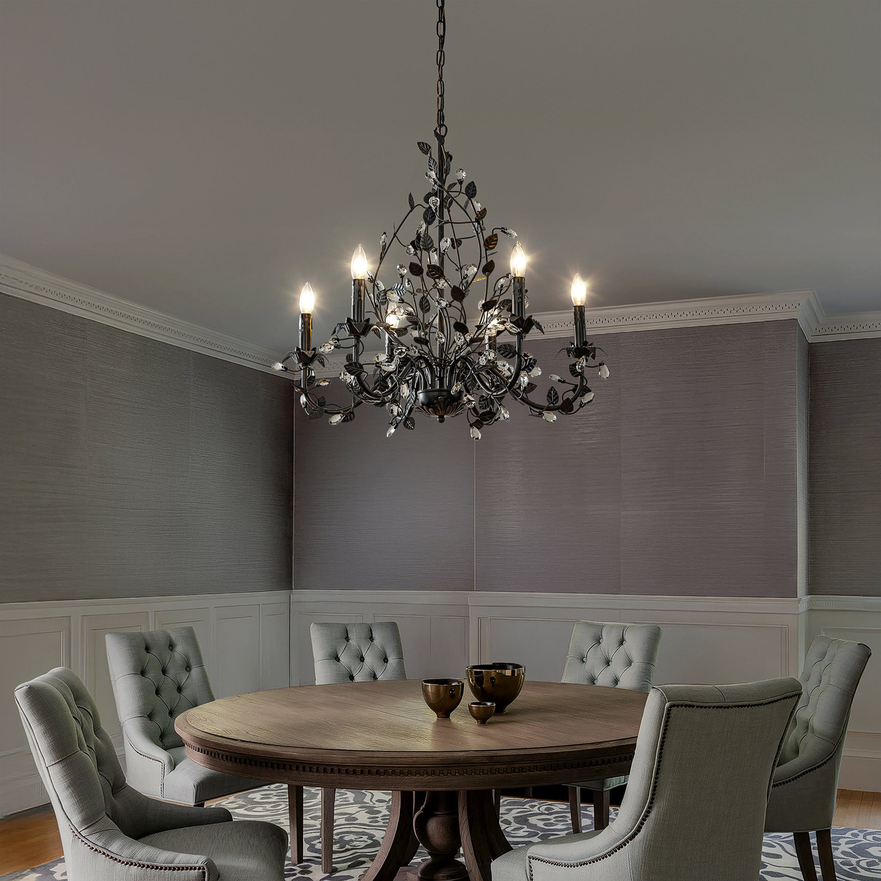 Contemporary 6-Light Dark Bronze Leaf Chandelier Elegant Interior Lighting With Crystal Accents For Dining Room Living Room