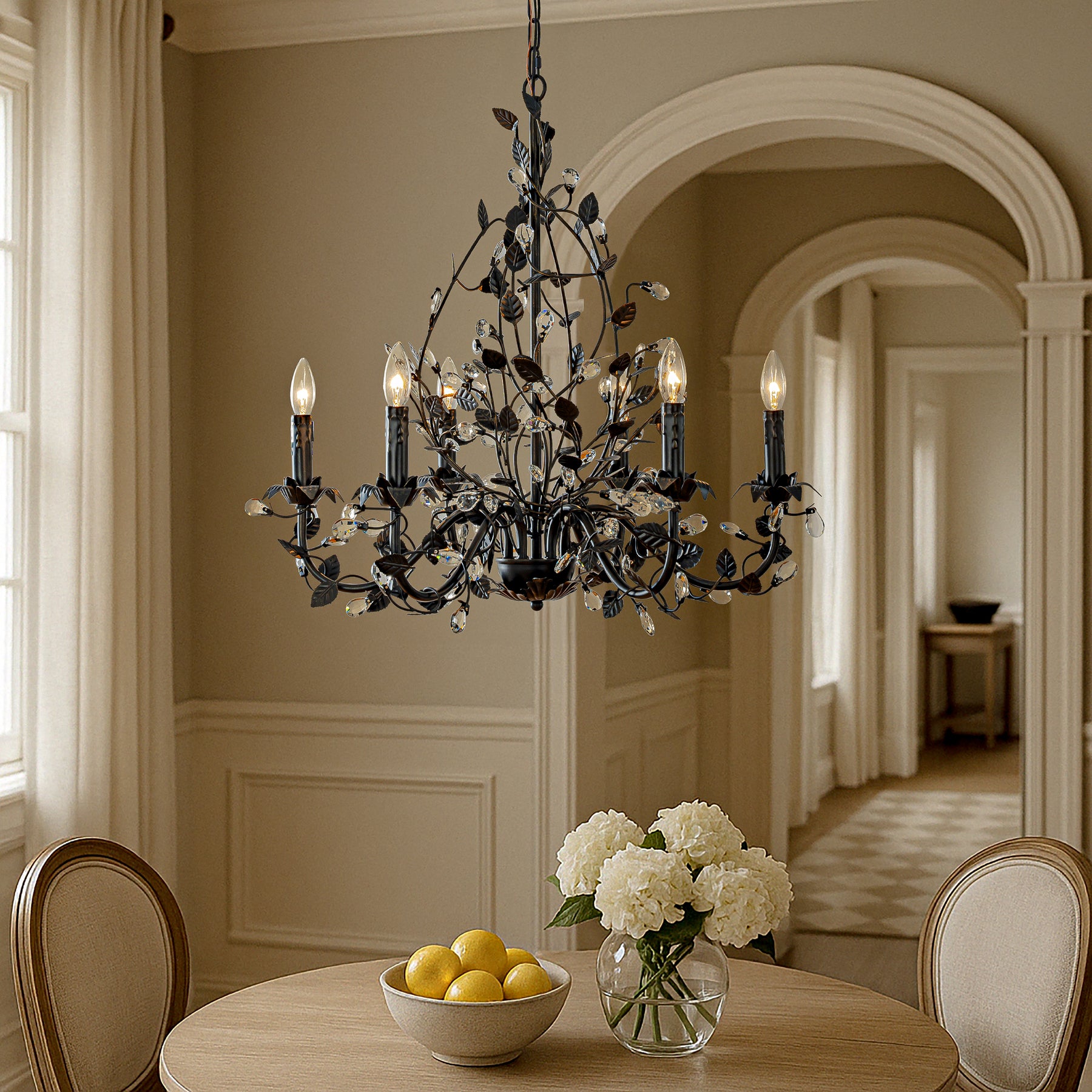 Contemporary 6-Light Dark Bronze Leaf Chandelier Elegant Interior Lighting With Crystal Accents For Dining Room Living Room