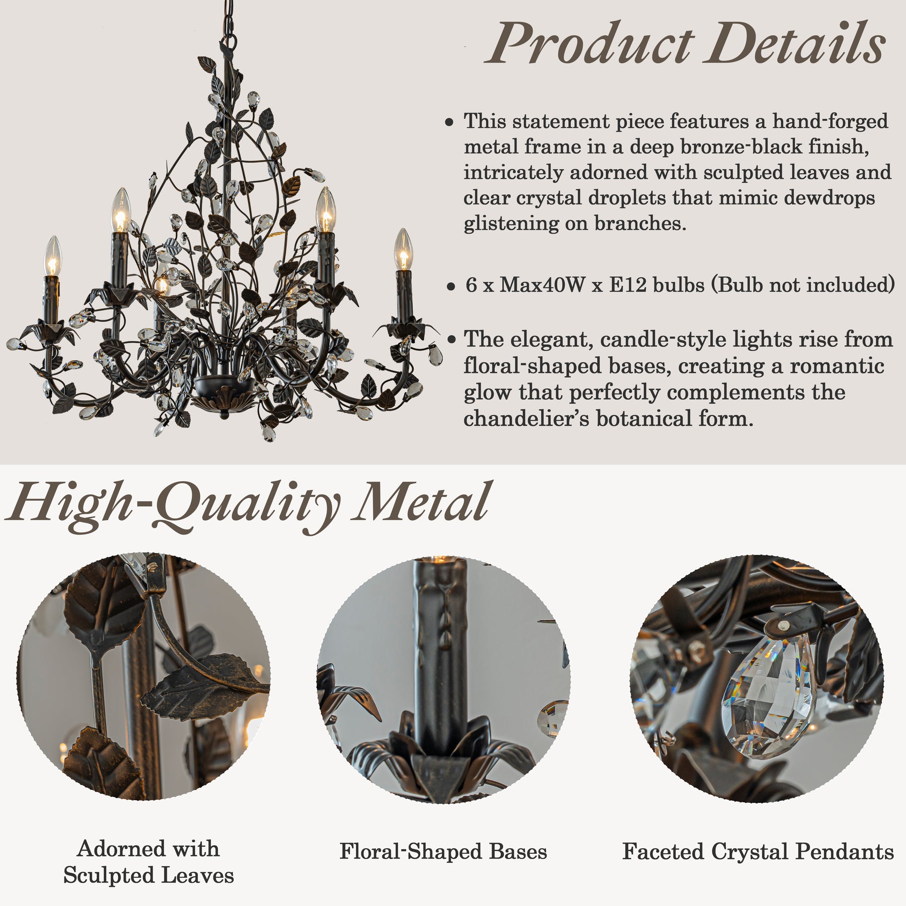 Contemporary 6-Light Dark Bronze Leaf Chandelier Elegant Interior Lighting With Crystal Accents For Dining Room Living Room