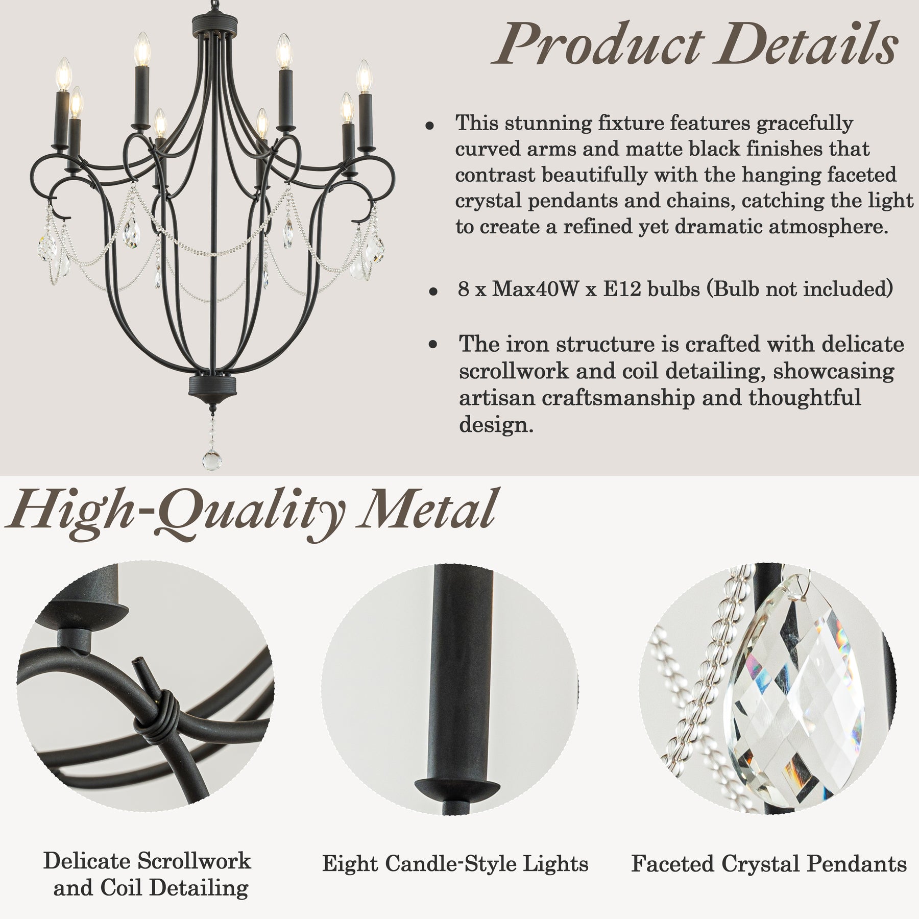 32" 8-Light Modern Black Mid-Century Modern Candelabra Crystal Chandelier Vintage Candle Pendant Light For Living Room Dining Room And Entryway