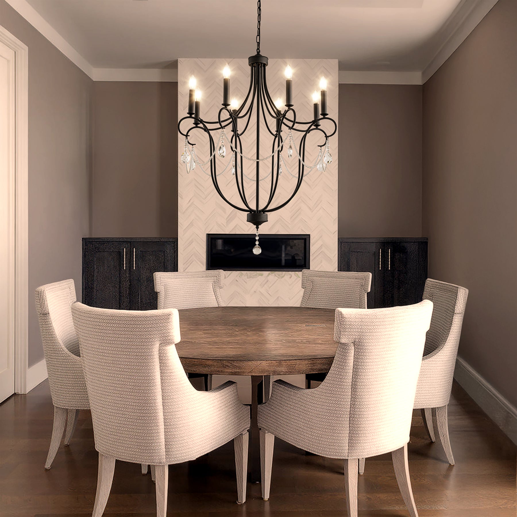 32" 8-Light Modern Black Mid-Century Modern Candelabra Crystal Chandelier Vintage Candle Pendant Light For Living Room Dining Room And Entryway