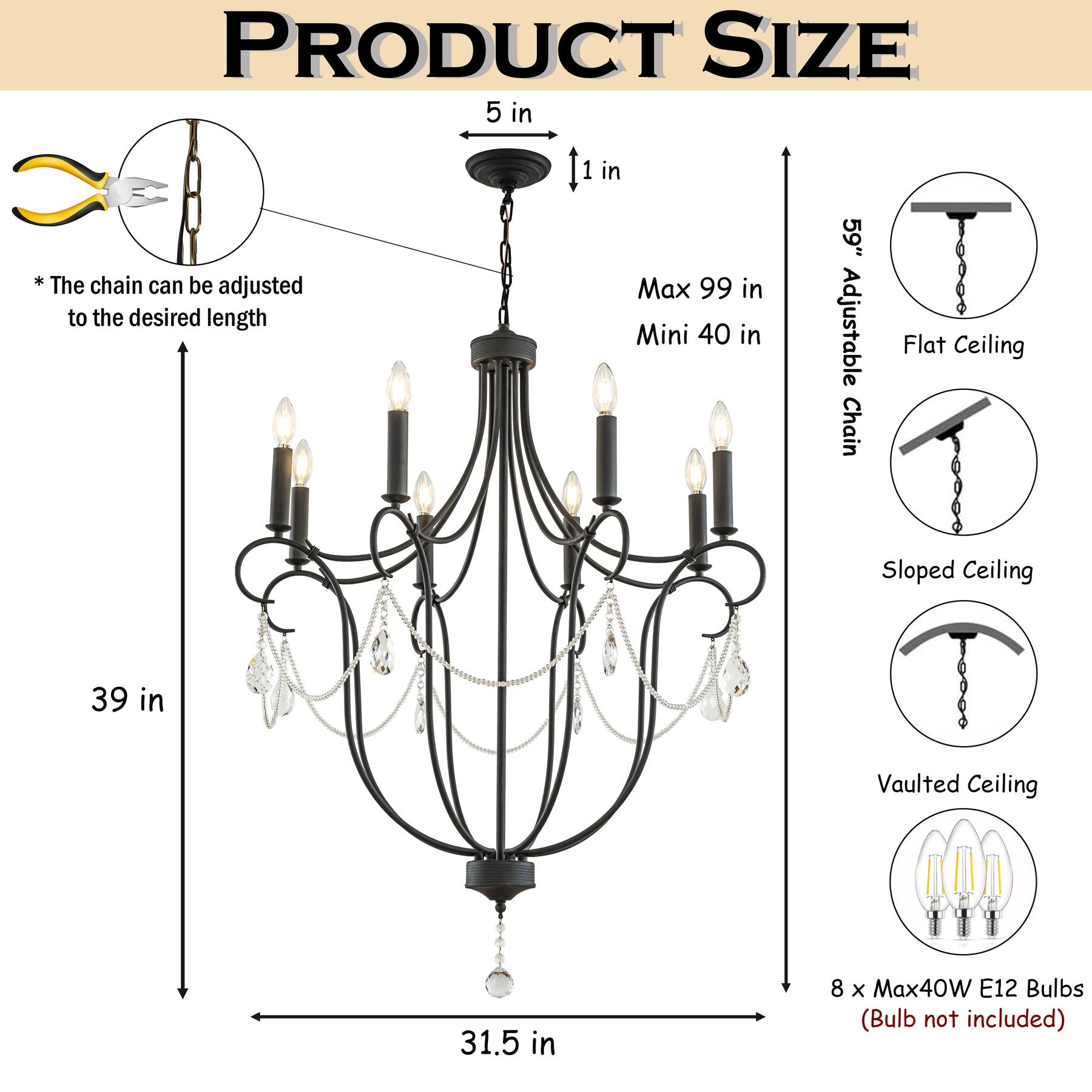 32" 8-Light Modern Black Mid-Century Modern Candelabra Crystal Chandelier Vintage Candle Pendant Light For Living Room Dining Room And Entryway