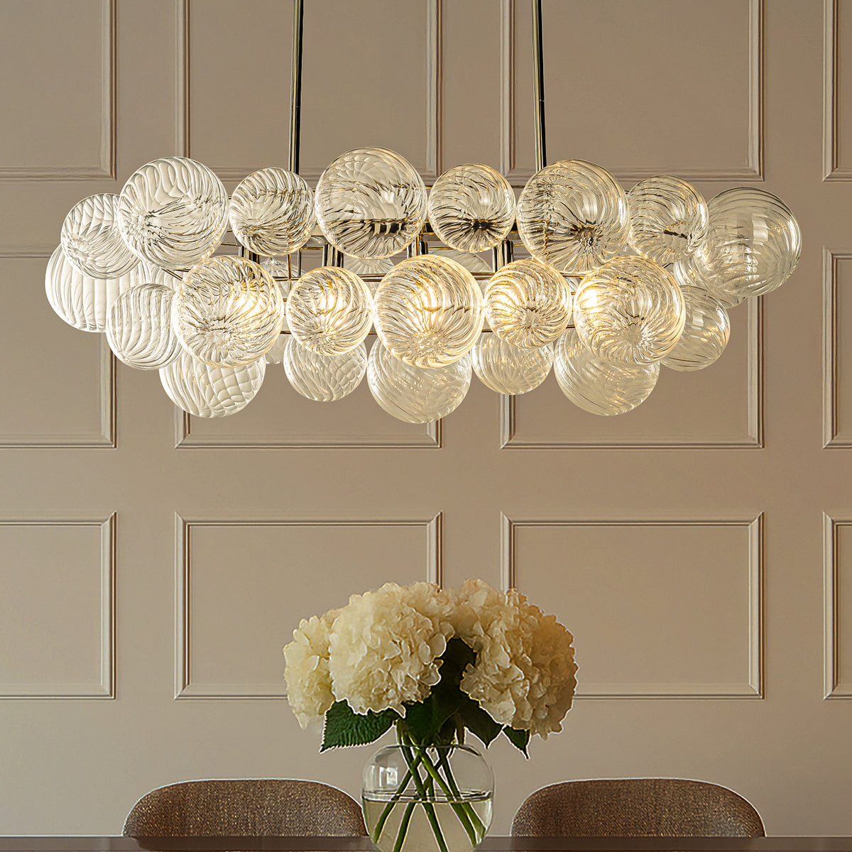 Glam 5-Light 43'' Modern Dining Room Chandelier with Hand-Blown Textured Clear Glass Globes and Chrome Finish
