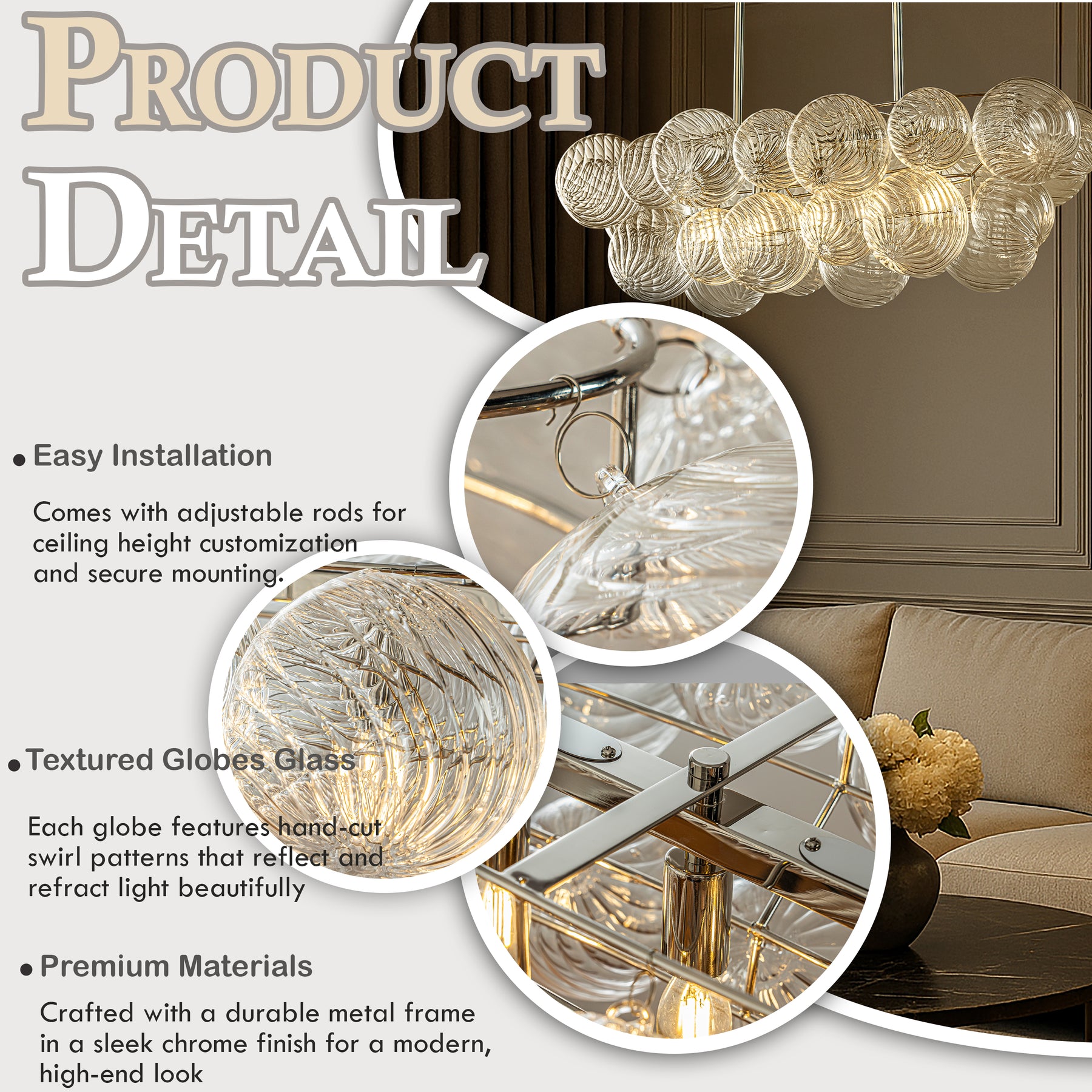 Glam 5-Light 43'' Modern Dining Room Chandelier with Hand-Blown Textured Clear Glass Globes and Chrome Finish