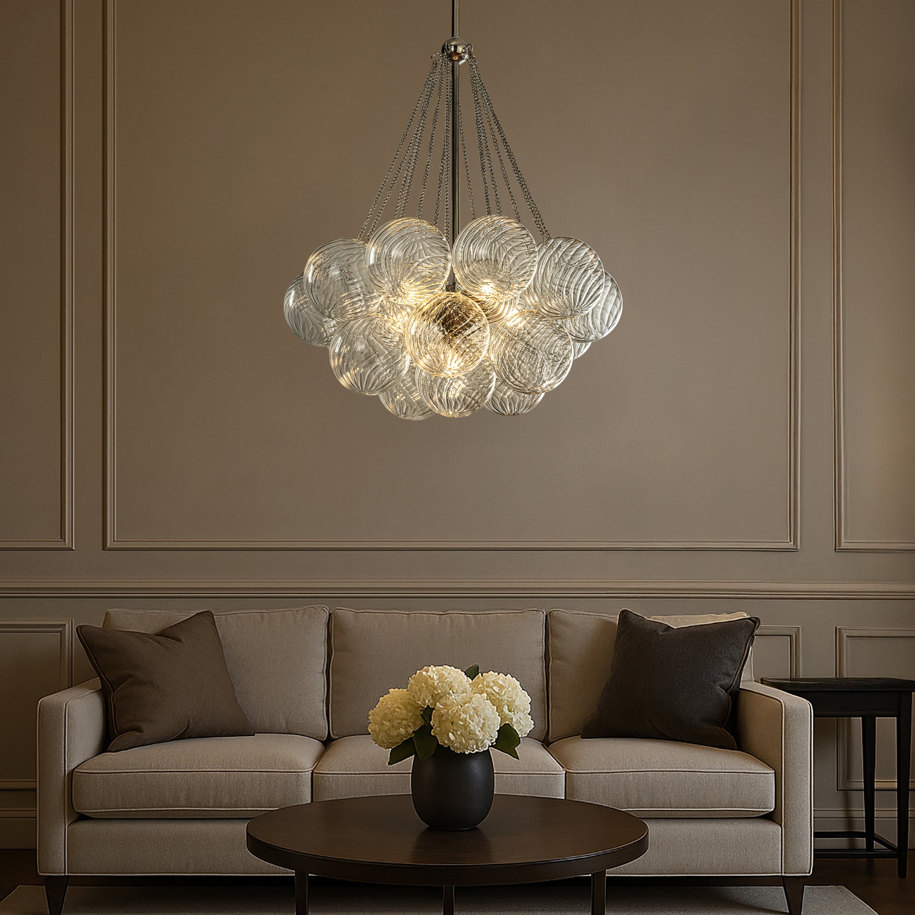 27'' Modern Glam Cluster Chandelier 6 Lights Pendant with Hand Blown Textured Glass Globes And Chrome Finish for Dining Room and Foyer