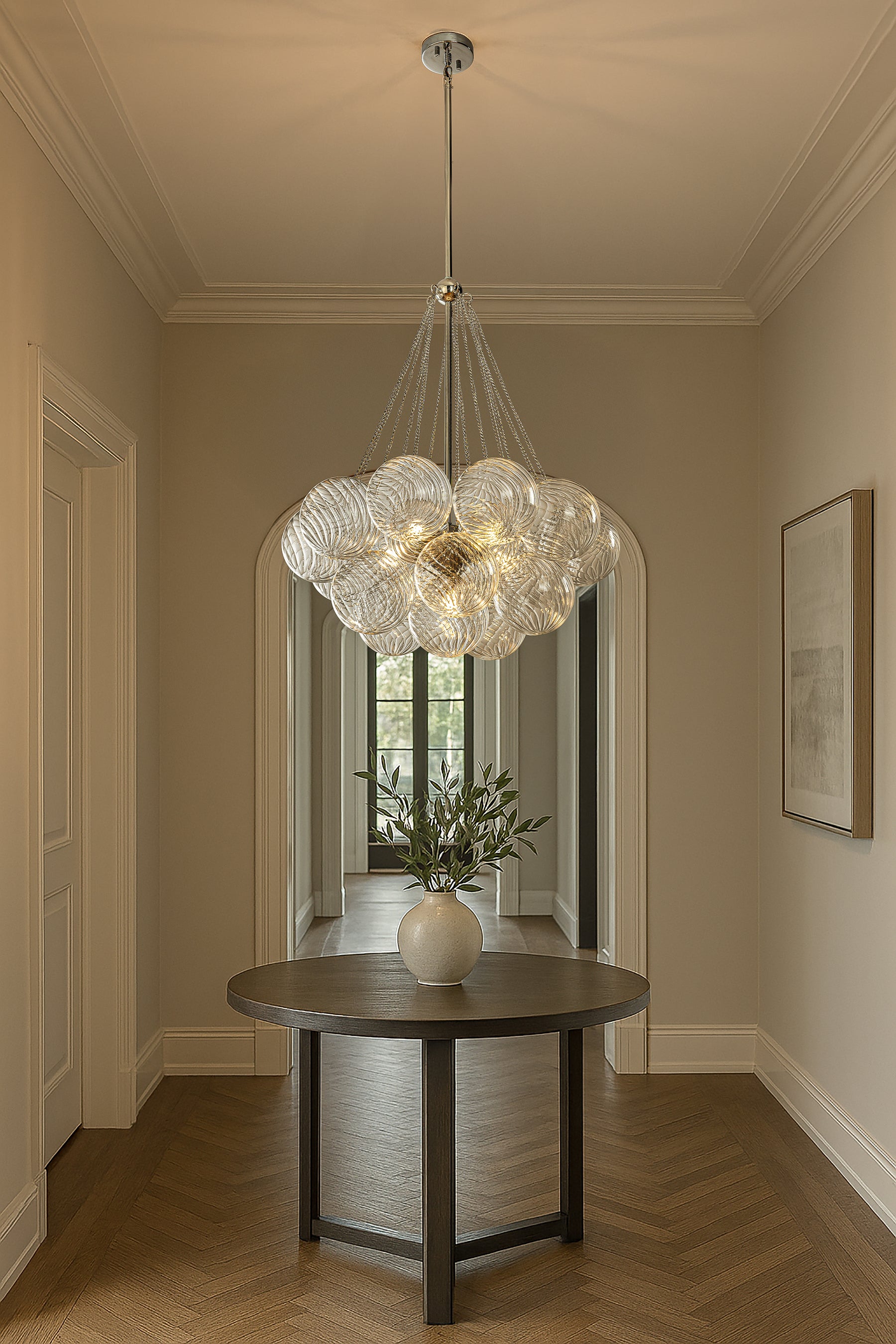 27'' Modern Glam Cluster Chandelier 6 Lights Pendant with Hand Blown Textured Glass Globes And Chrome Finish for Dining Room and Foyer