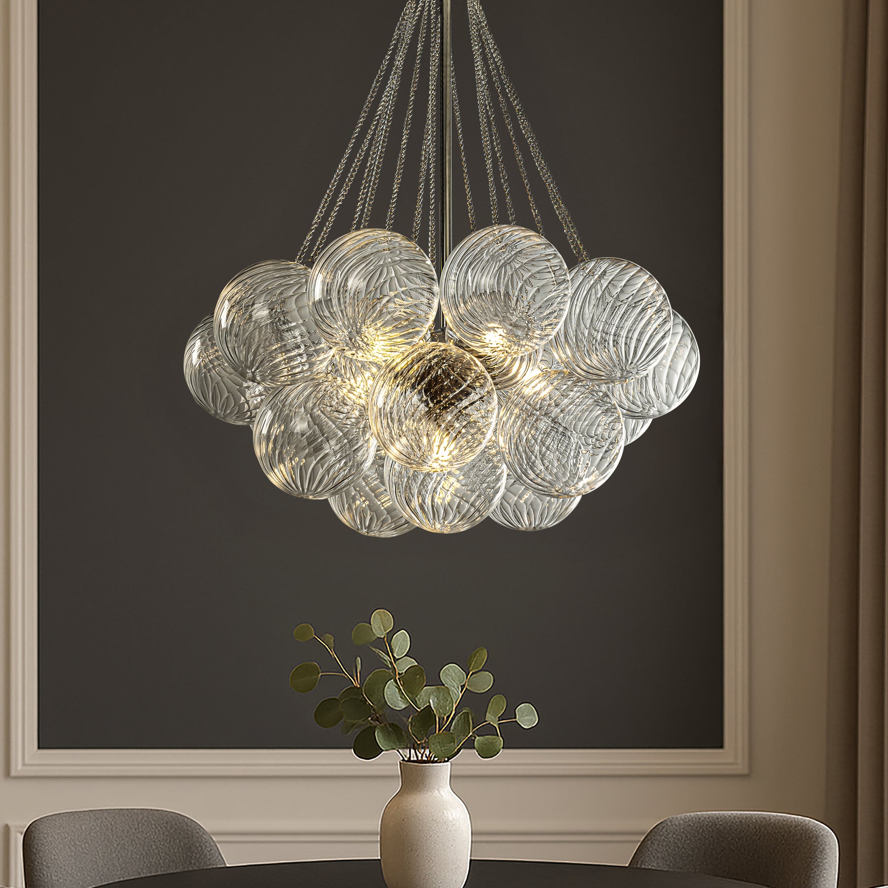 27'' Modern Glam Cluster Chandelier 6 Lights Pendant with Hand Blown Textured Glass Globes And Chrome Finish for Dining Room and Foyer