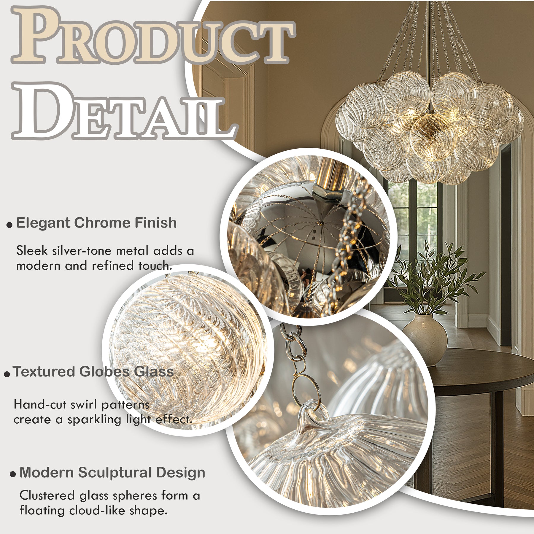 27'' Modern Glam Cluster Chandelier 6 Lights Pendant with Hand Blown Textured Glass Globes And Chrome Finish for Dining Room and Foyer