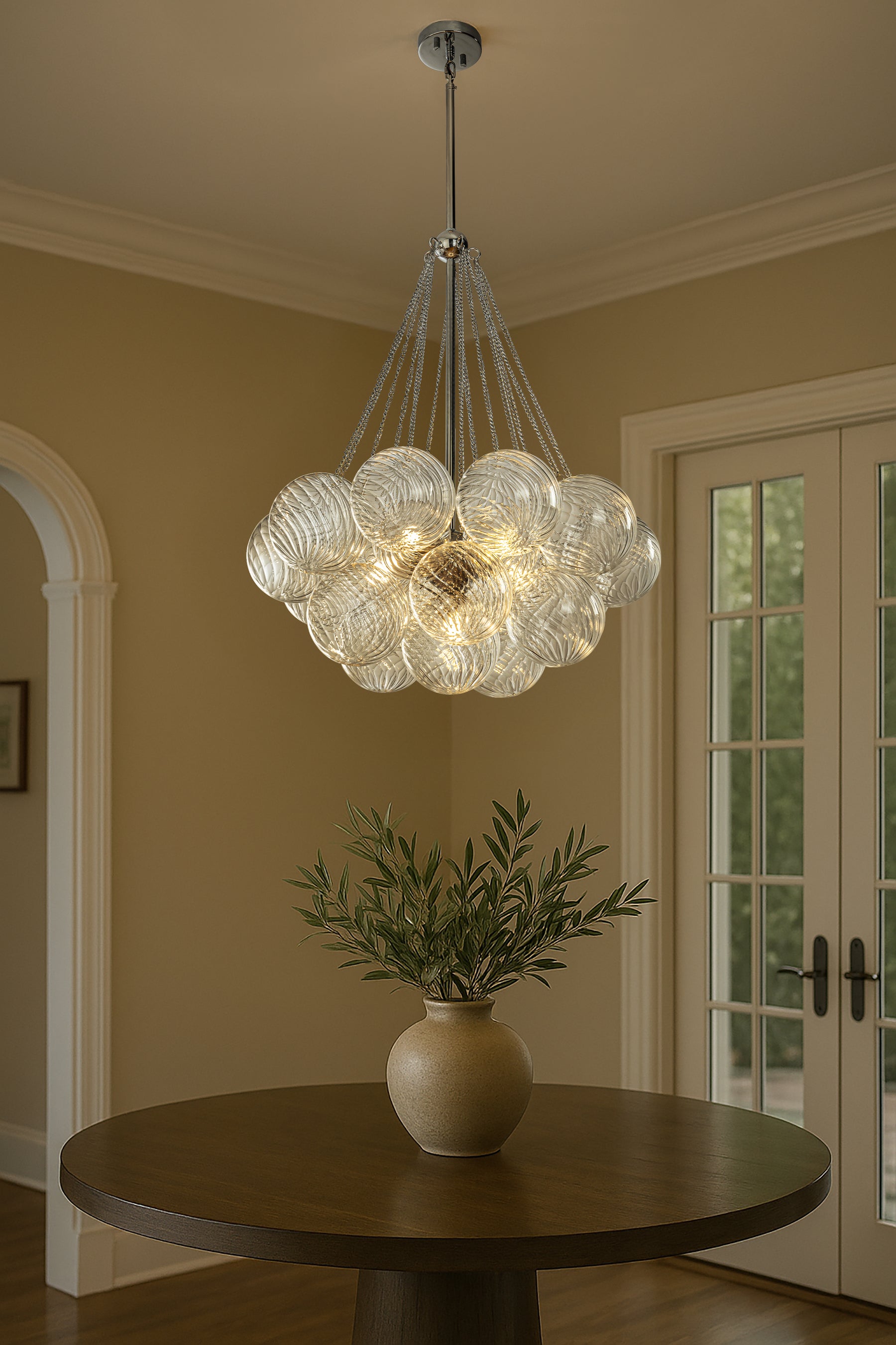 27'' Modern Glam Cluster Chandelier 6 Lights Pendant with Hand Blown Textured Glass Globes And Chrome Finish for Dining Room and Foyer