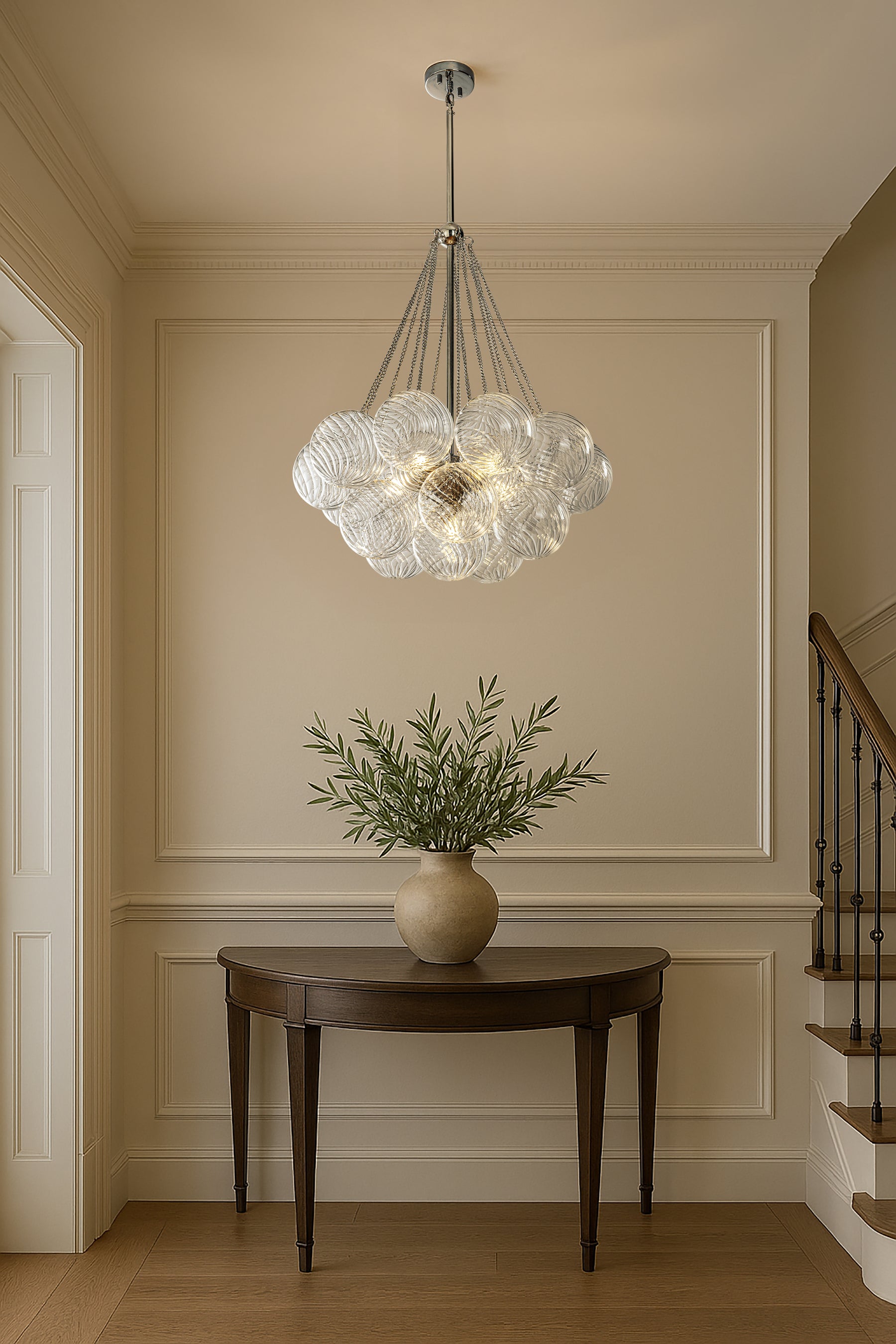27'' Modern Glam Cluster Chandelier 6 Lights Pendant with Hand Blown Textured Glass Globes And Chrome Finish for Dining Room and Foyer