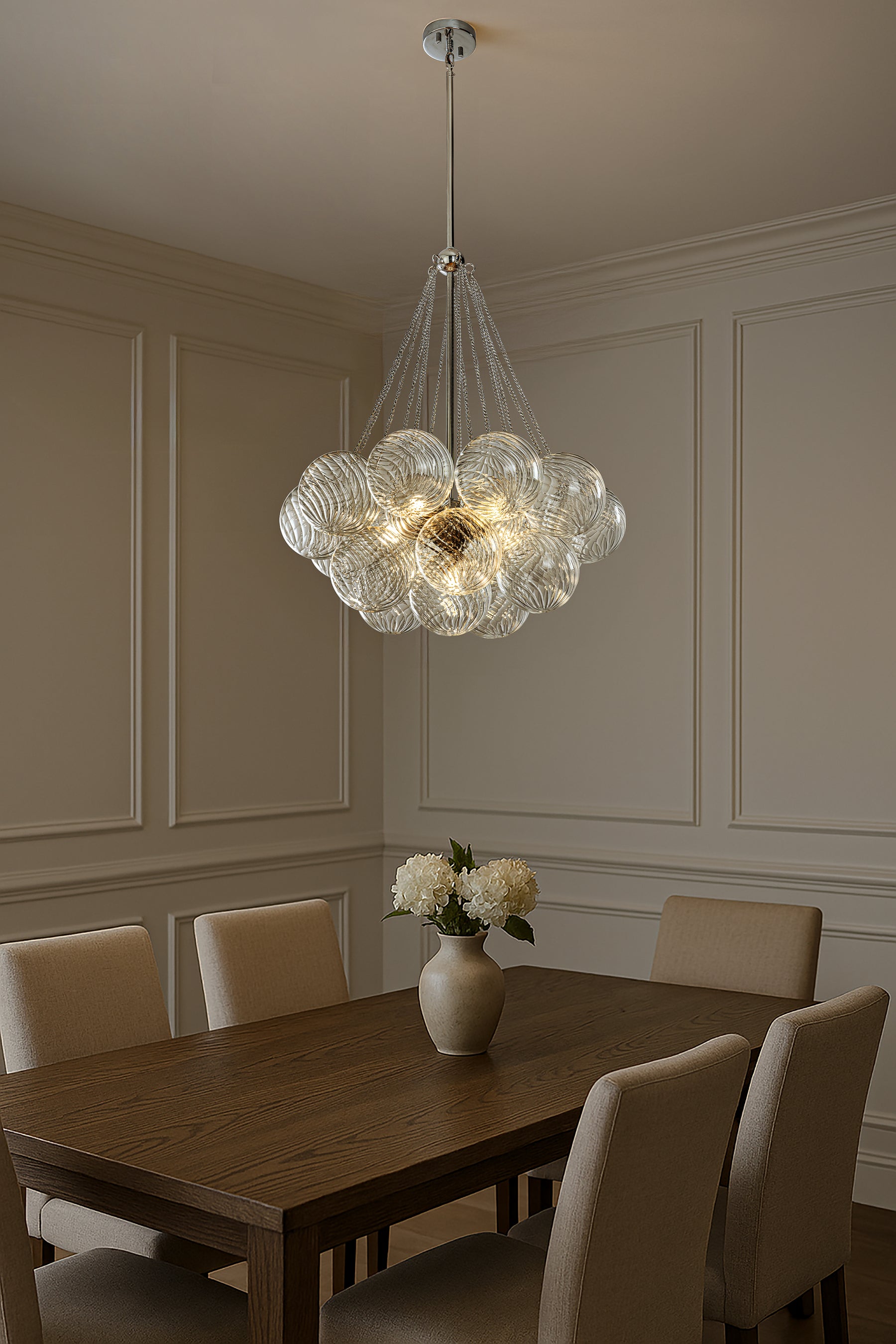 27'' Modern Glam Cluster Chandelier 6 Lights Pendant with Hand Blown Textured Glass Globes And Chrome Finish for Dining Room and Foyer