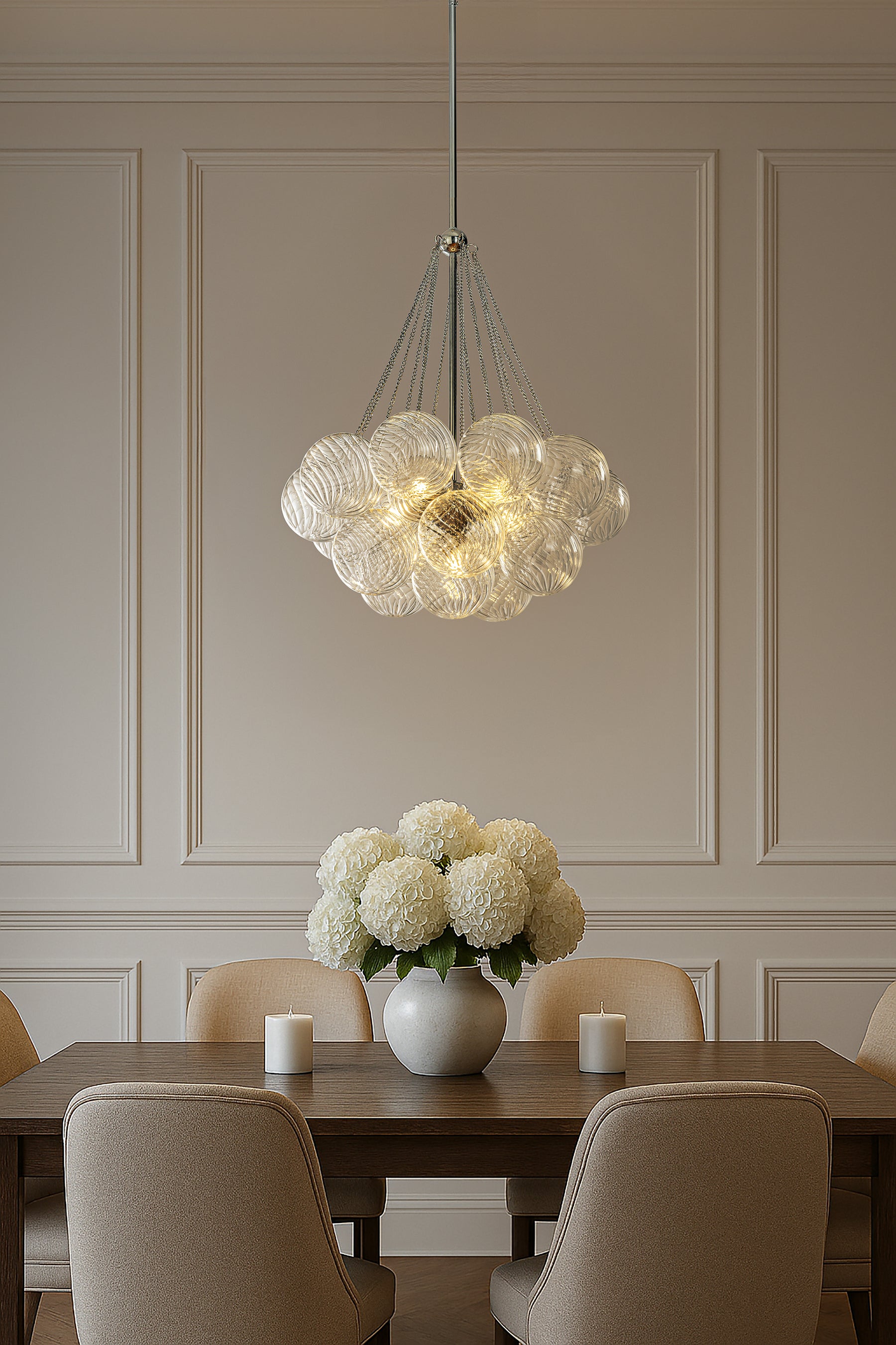 27'' Modern Glam Cluster Chandelier 6 Lights Pendant with Hand Blown Textured Glass Globes And Chrome Finish for Dining Room and Foyer
