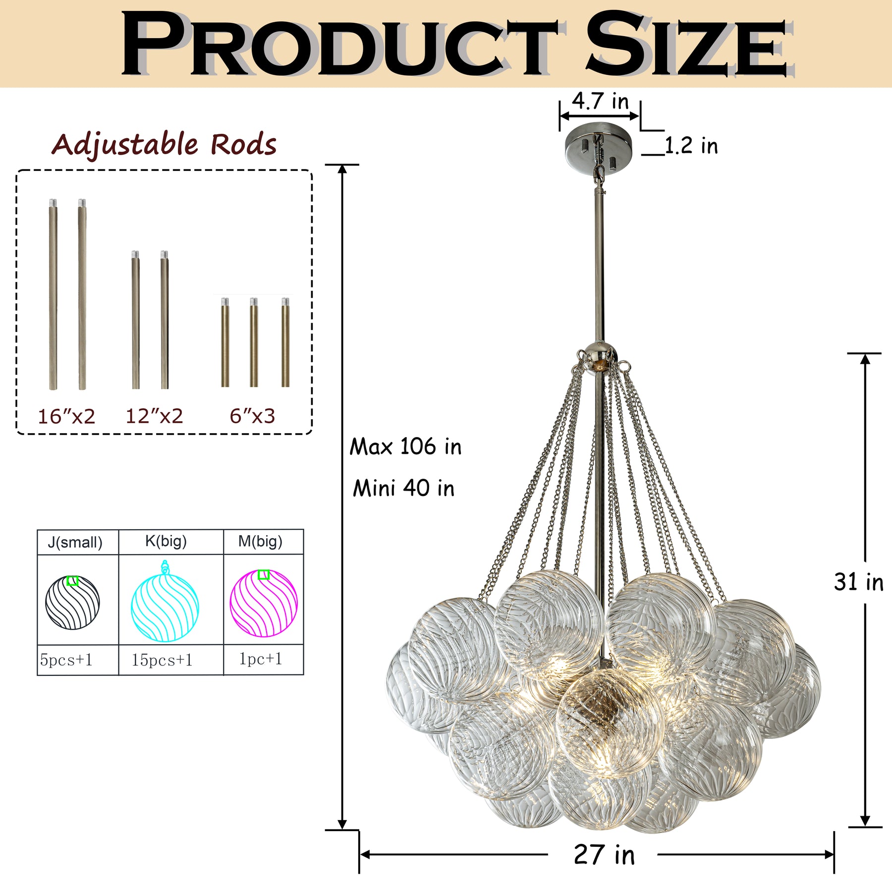 27'' Modern Glam Cluster Chandelier 6 Lights Pendant with Hand Blown Textured Glass Globes And Chrome Finish for Dining Room and Foyer