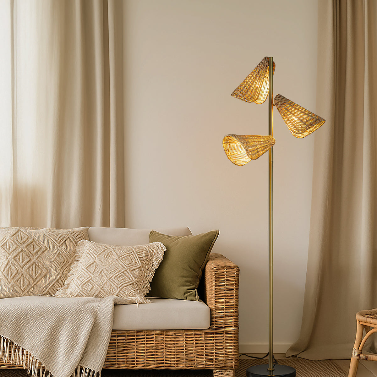 61'' Farmhouse Handwoven Rattan Floor Lamp Coastal 3-Light Standing Lamp With Antique Brass Finish Black Marble Base For Bedroom Living Room