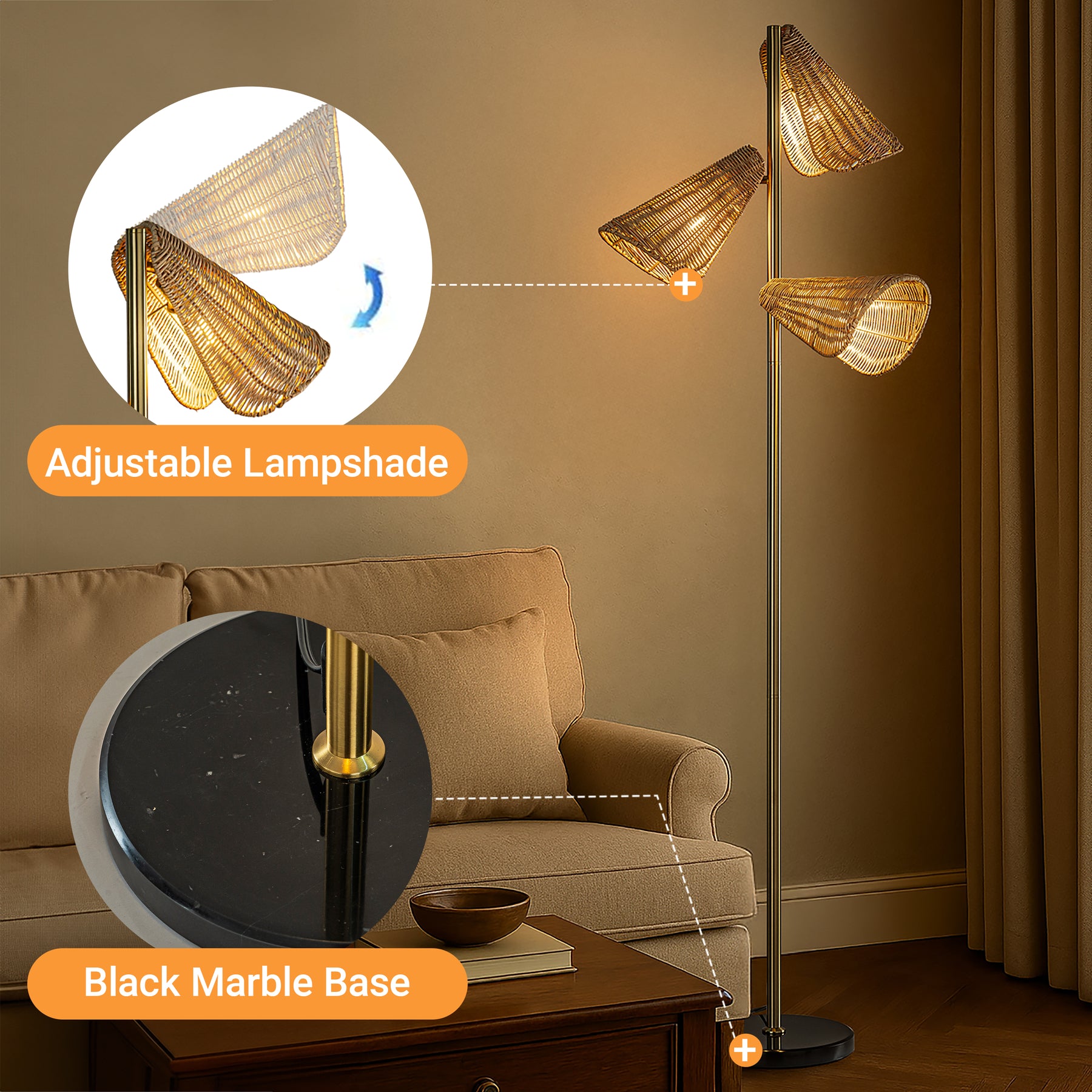61'' Farmhouse Handwoven Rattan Floor Lamp Coastal 3-Light Standing Lamp With Antique Brass Finish Black Marble Base For Bedroom Living Room
