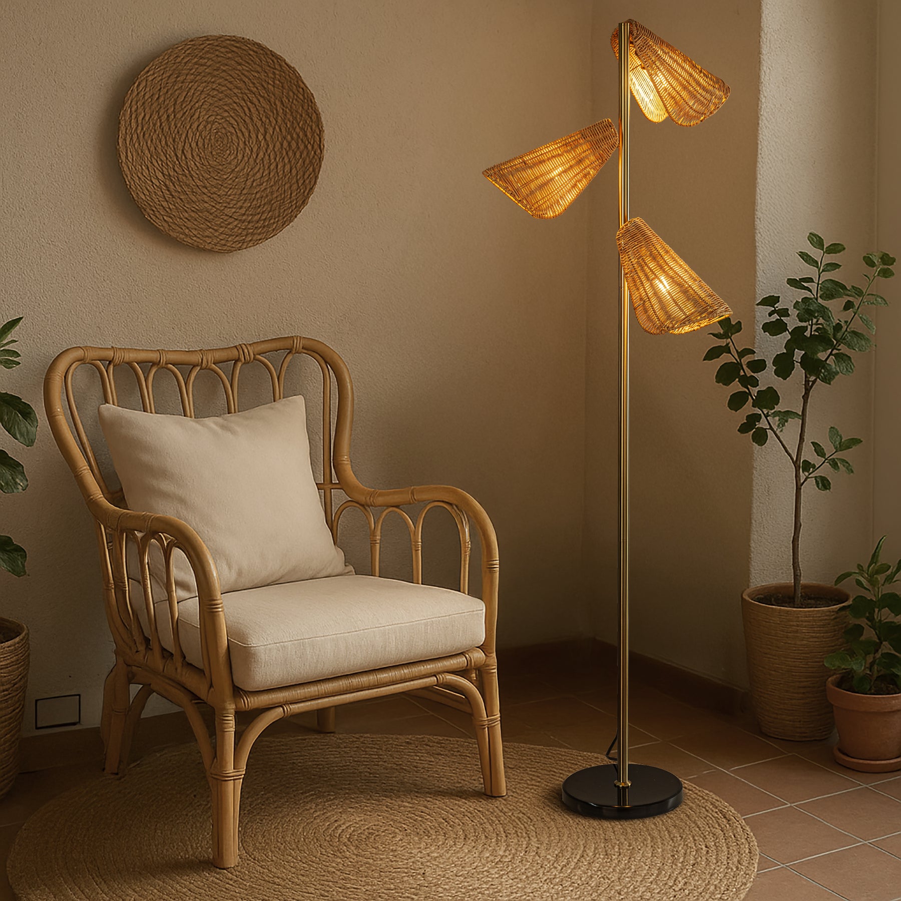 61'' Farmhouse Handwoven Rattan Floor Lamp Coastal 3-Light Standing Lamp With Antique Brass Finish Black Marble Base For Bedroom Living Room