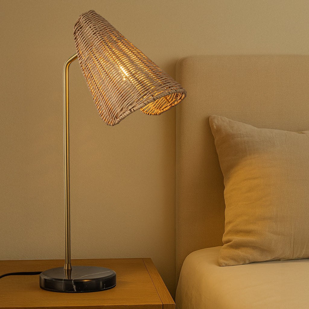 22'' Farmhouse Handwoven Rattan Table Lamp Antique Brass Finish Black Marble Base Rustic Nightstand Lamp For Bedroom Living Room