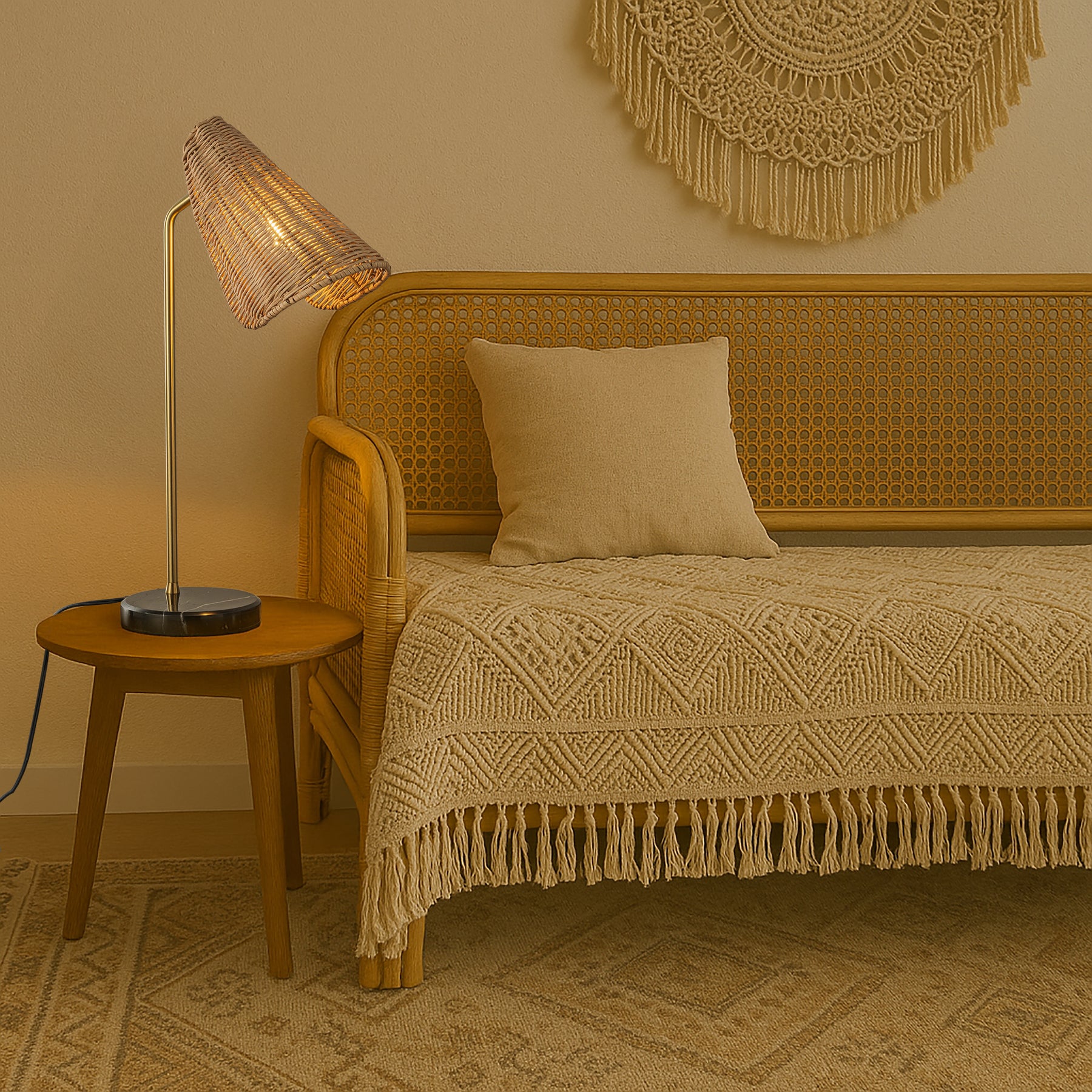 22'' Farmhouse Handwoven Rattan Table Lamp Antique Brass Finish Black Marble Base Rustic Nightstand Lamp For Bedroom Living Room