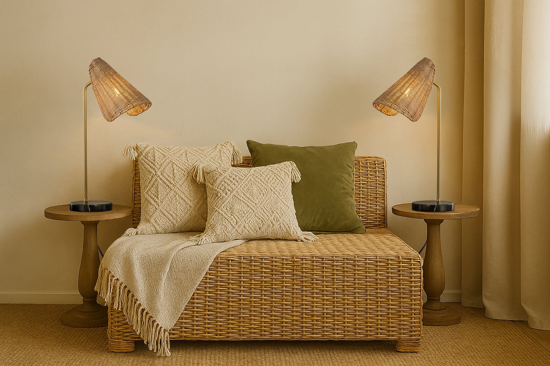 22'' Farmhouse Handwoven Rattan Table Lamp Antique Brass Finish Black Marble Base Rustic Nightstand Lamp For Bedroom Living Room