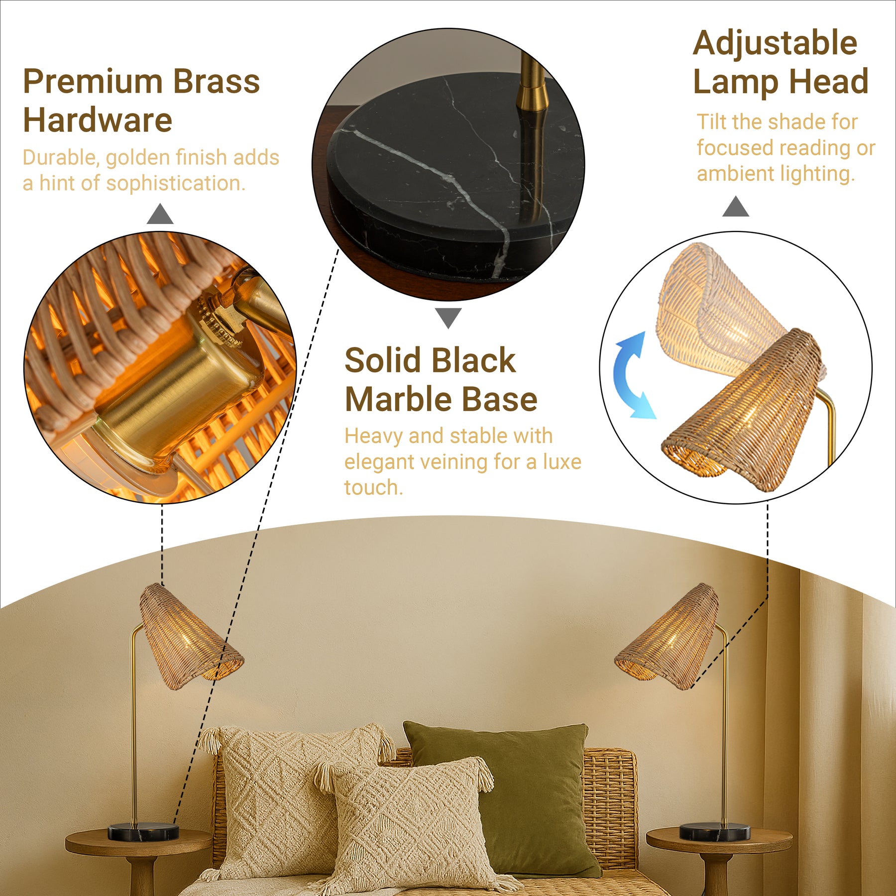 22'' Farmhouse Handwoven Rattan Table Lamp Antique Brass Finish Black Marble Base Rustic Nightstand Lamp For Bedroom Living Room