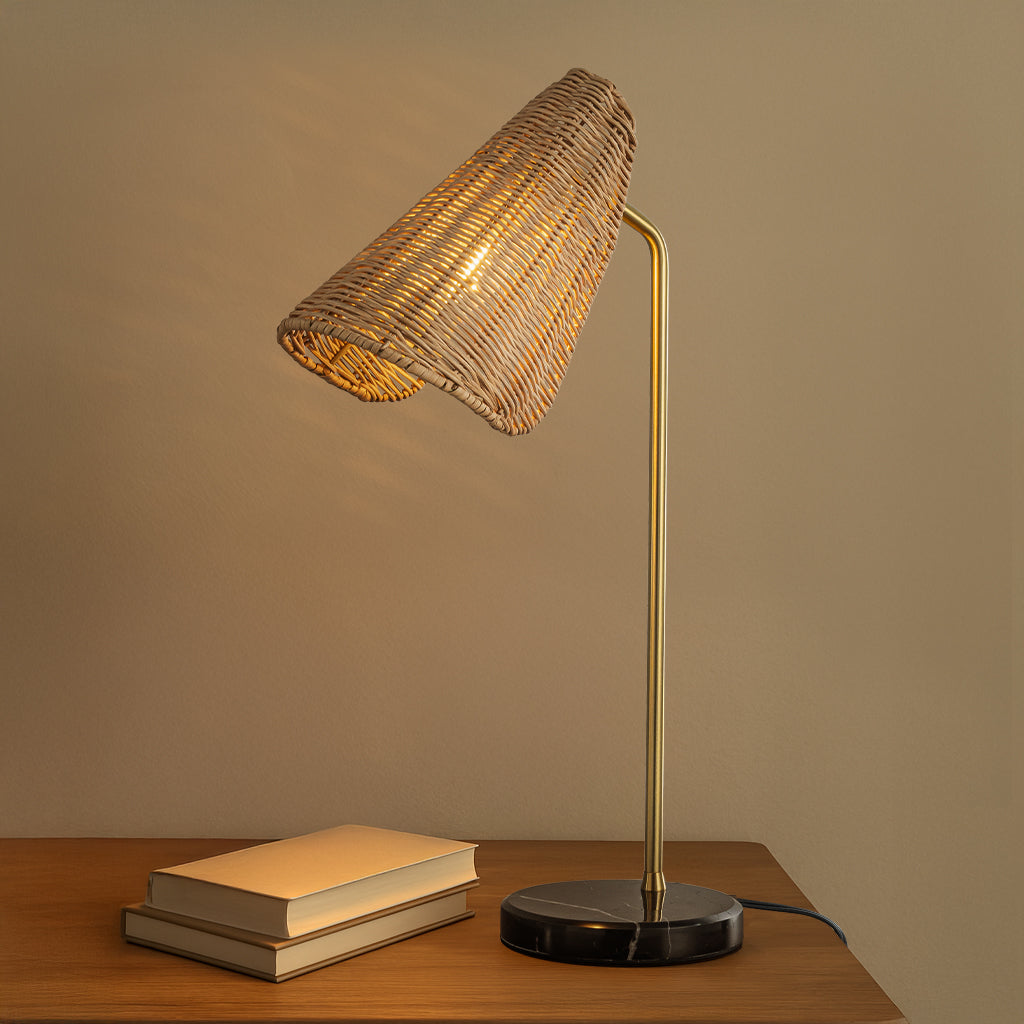 22'' Farmhouse Handwoven Rattan Table Lamp Antique Brass Finish Black Marble Base Rustic Nightstand Lamp For Bedroom Living Room