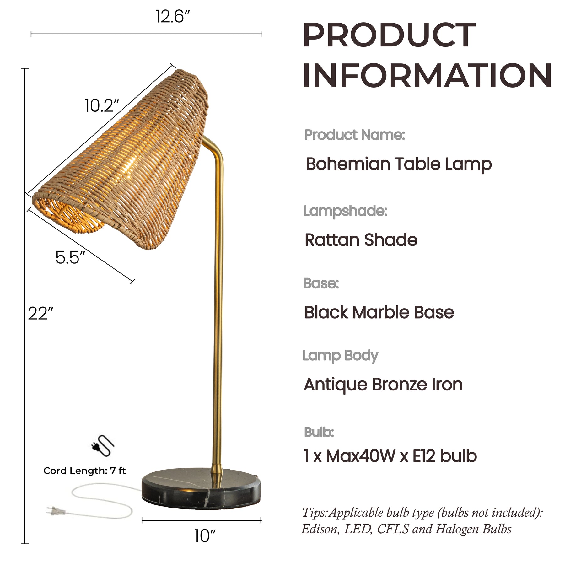 22'' Farmhouse Handwoven Rattan Table Lamp Antique Brass Finish Black Marble Base Rustic Nightstand Lamp For Bedroom Living Room