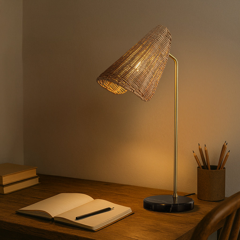 22'' Farmhouse Handwoven Rattan Table Lamp Antique Brass Finish Black Marble Base Rustic Nightstand Lamp For Bedroom Living Room
