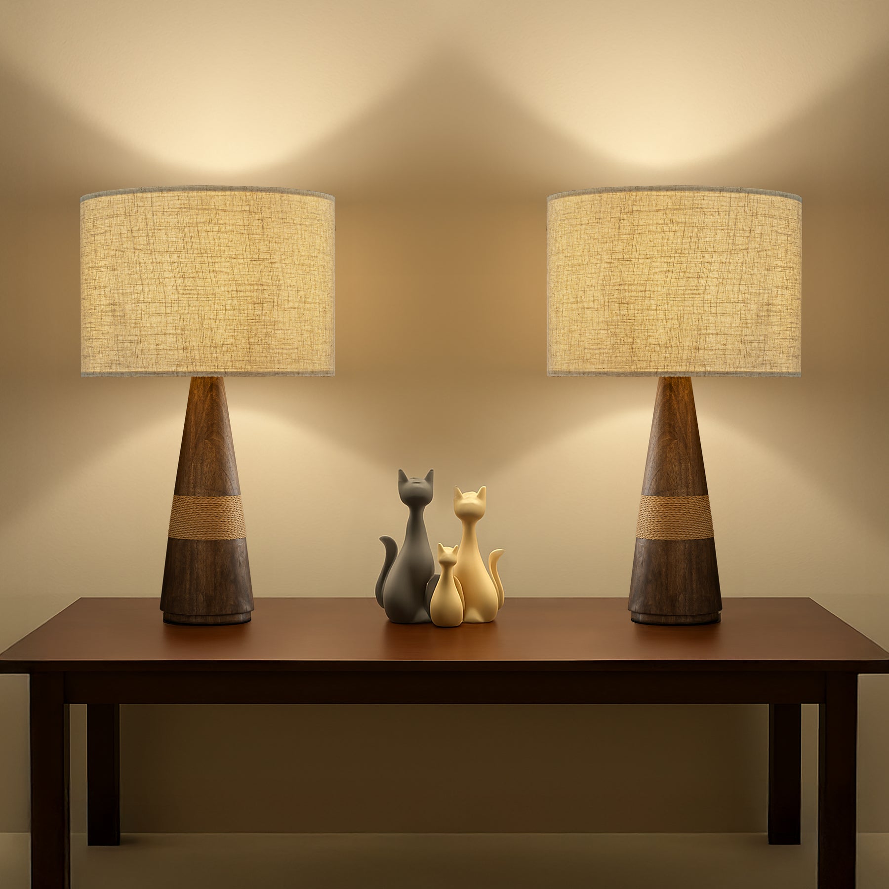 28'' Farmhouse Honey Brown Wood Bedside Table Lamp – Classic Drum Shape Nightstand Lamp with Beige Fabric Shade for Bedroom, Living Room