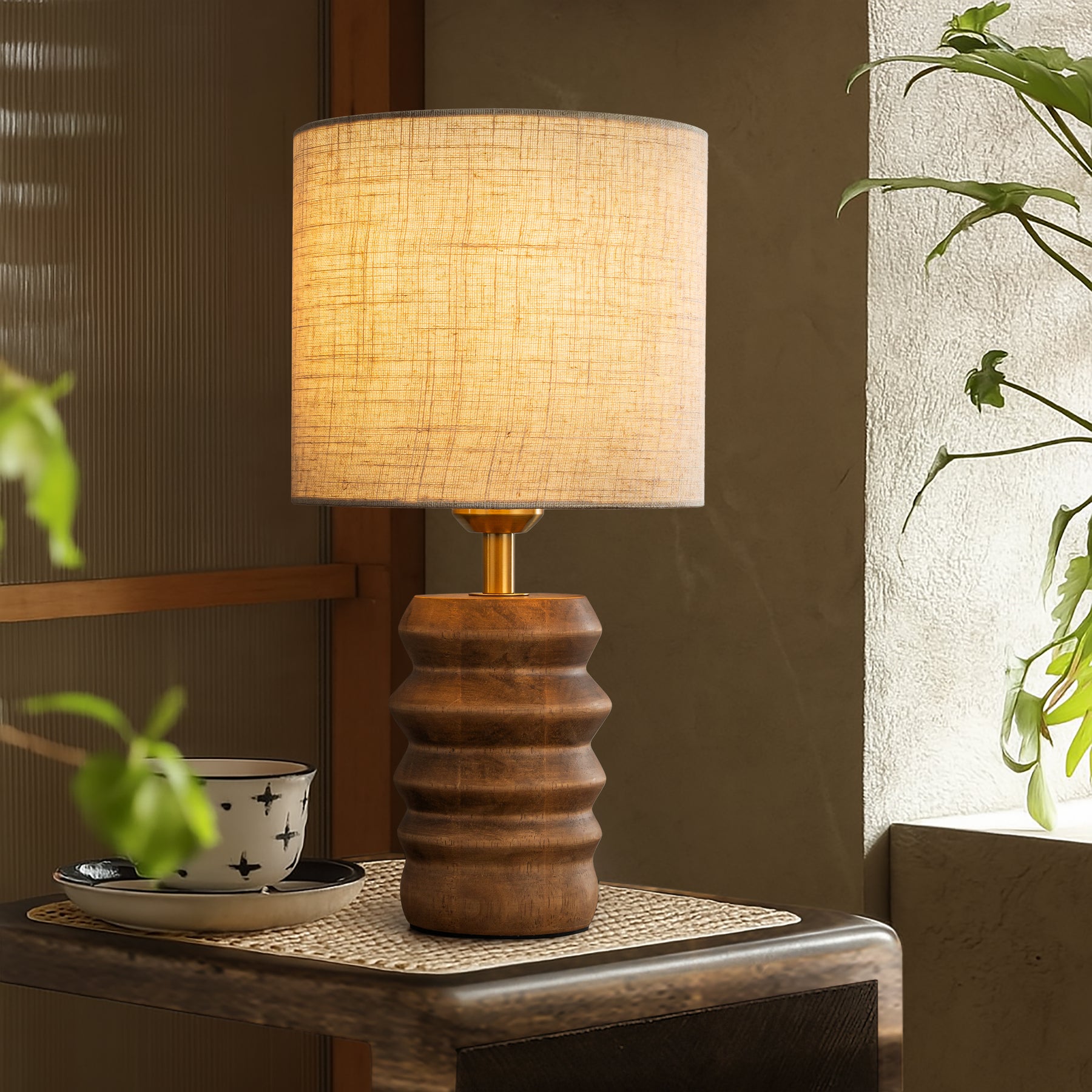 15'' Japandi Solid Wood Base Table Lamp Modern Classic Nightstand Lamp with Beige Fabric Shade for Bedside Foyer Dining Room