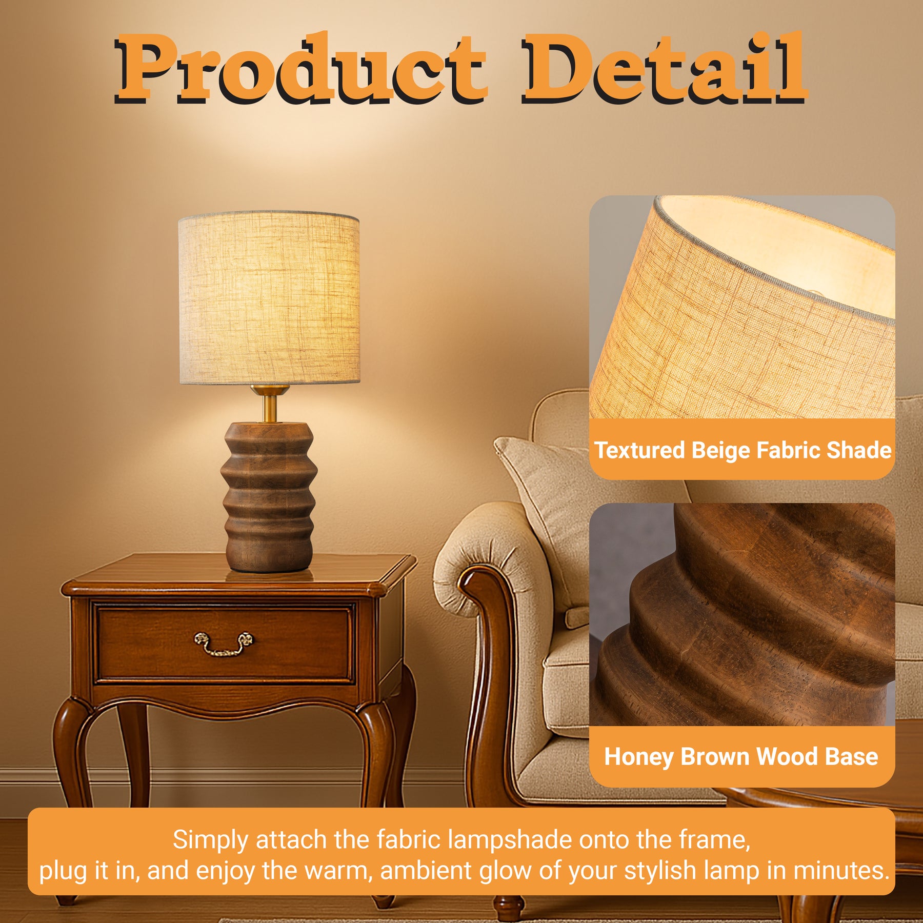 15'' Japandi Solid Wood Base Table Lamp Modern Classic Nightstand Lamp with Beige Fabric Shade for Bedside Foyer Dining Room