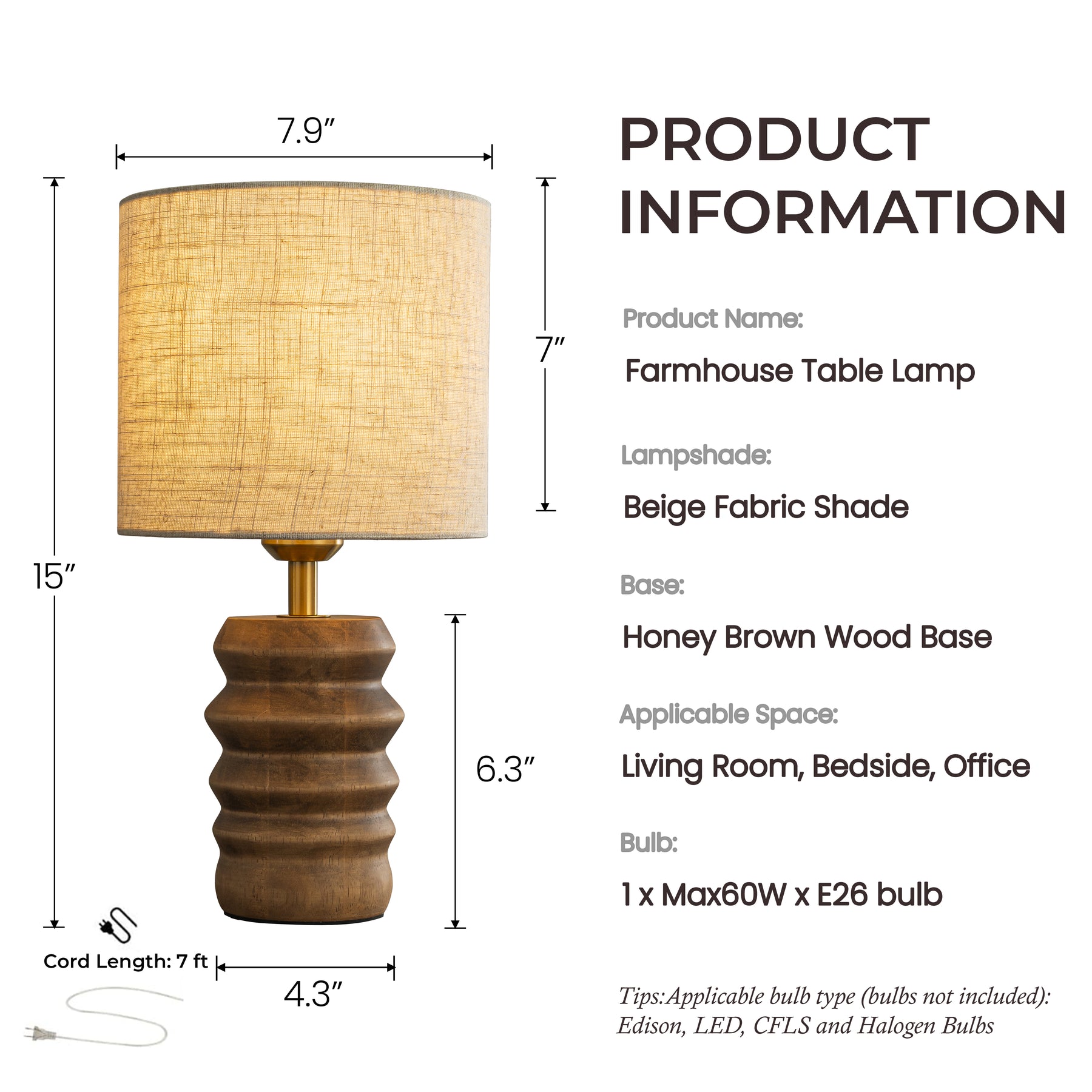 15'' Japandi Solid Wood Base Table Lamp Modern Classic Nightstand Lamp with Beige Fabric Shade for Bedside Foyer Dining Room