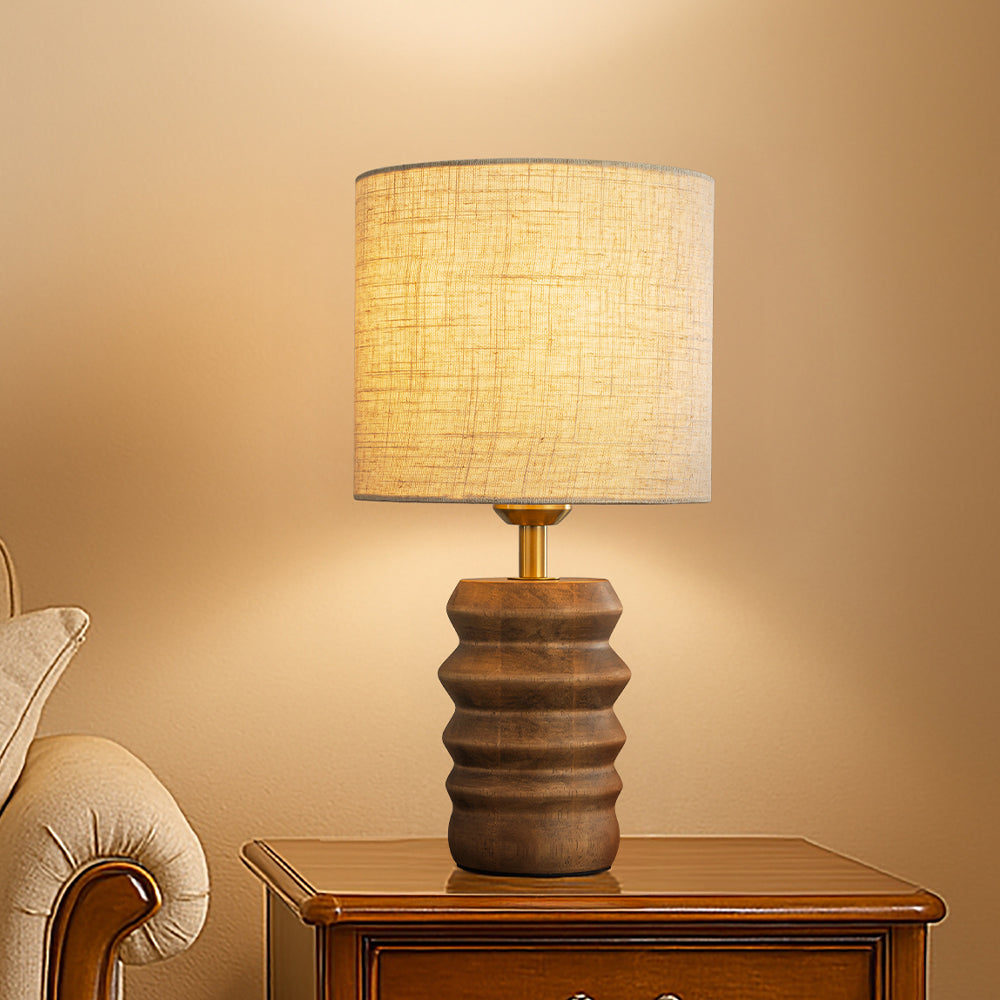 15'' Japandi Solid Wood Base Table Lamp Modern Classic Nightstand Lamp with Beige Fabric Shade for Bedside Foyer Dining Room