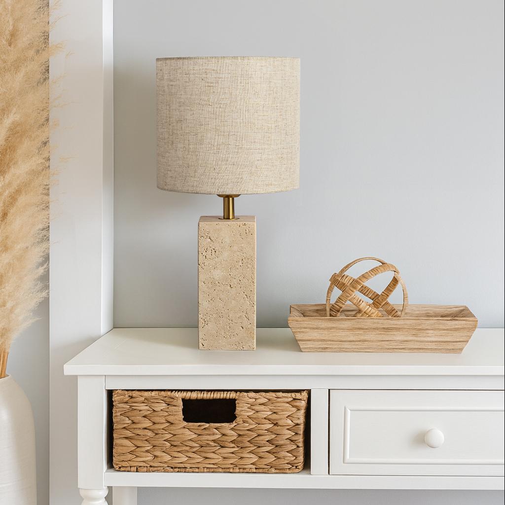 16'' Natural Small Travertine Stone Base Bedside Table Lamp – Modern Rectangular Nightstand Lamp with Beige Linen Shade for Bedroom Living Room Dining Room