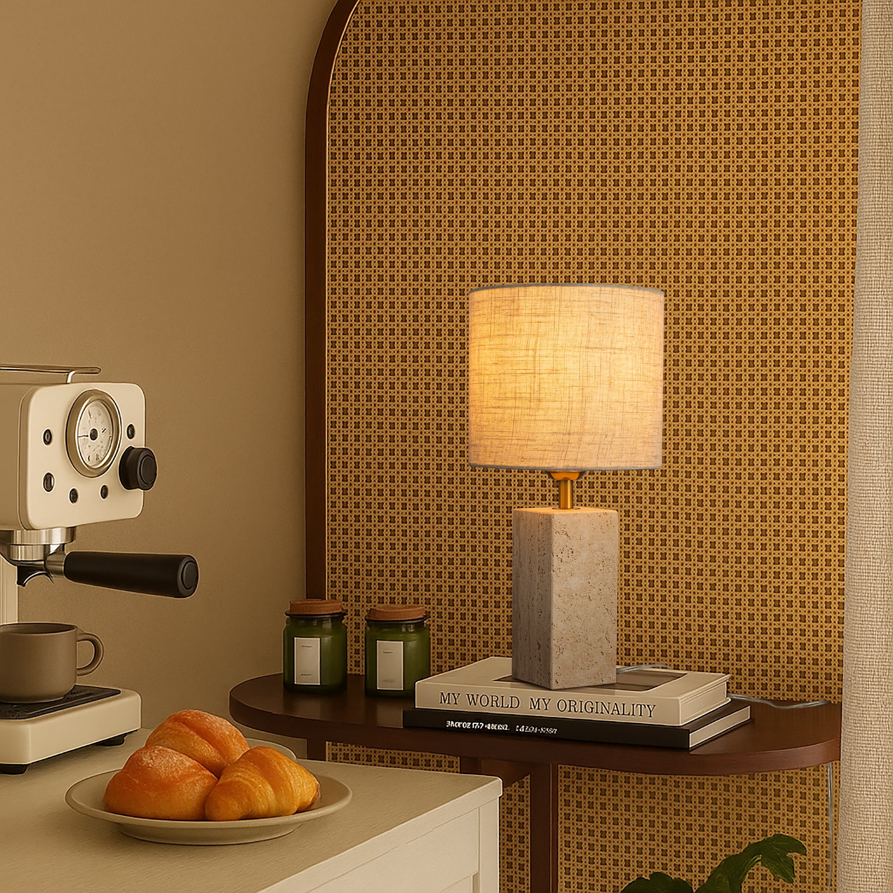16'' Natural Small Travertine Stone Base Bedside Table Lamp – Modern Rectangular Nightstand Lamp with Beige Linen Shade for Bedroom Living Room Dining Room