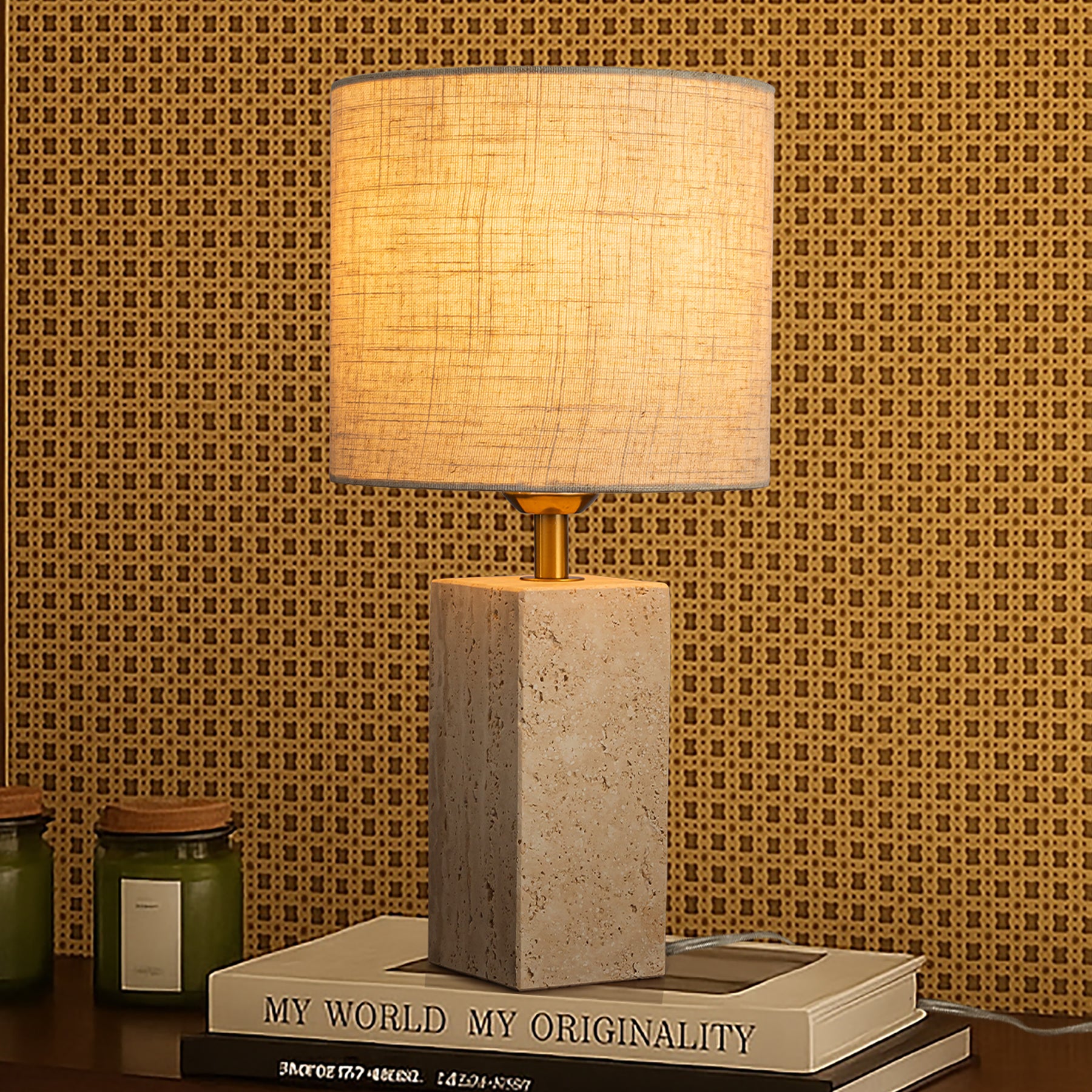 16'' Natural Small Travertine Stone Base Bedside Table Lamp – Modern Rectangular Nightstand Lamp with Beige Linen Shade for Bedroom Living Room Dining Room