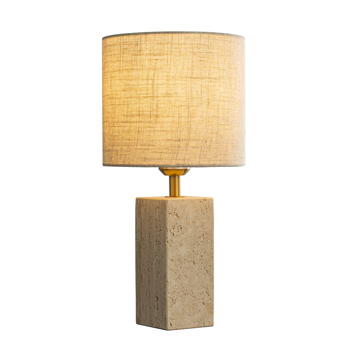 16'' Natural Small Travertine Stone Base Bedside Table Lamp – Modern Rectangular Nightstand Lamp with Beige Linen Shade for Bedroom Living Room Dining Room