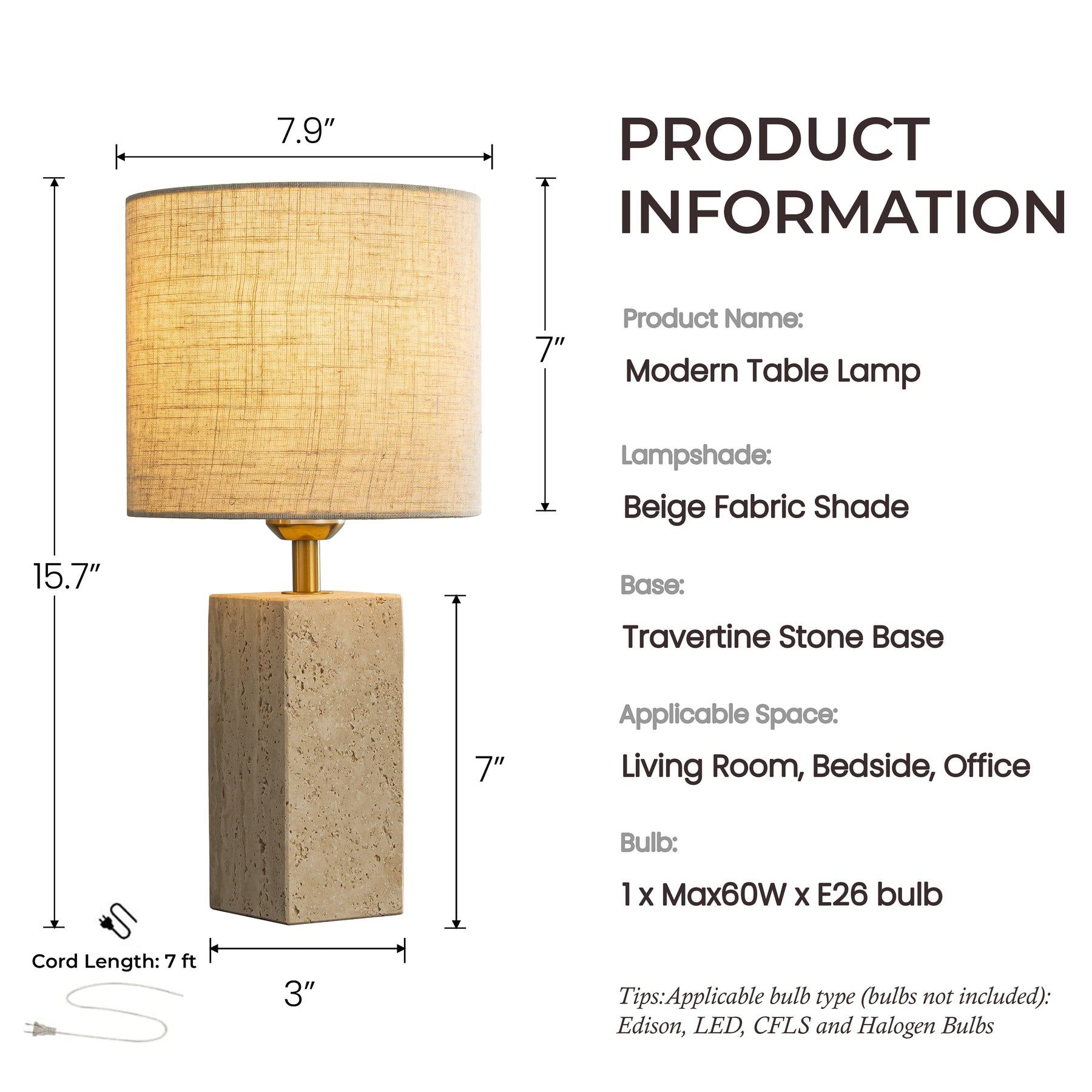 16'' Natural Small Travertine Stone Base Bedside Table Lamp – Modern Rectangular Nightstand Lamp with Beige Linen Shade for Bedroom Living Room Dining Room