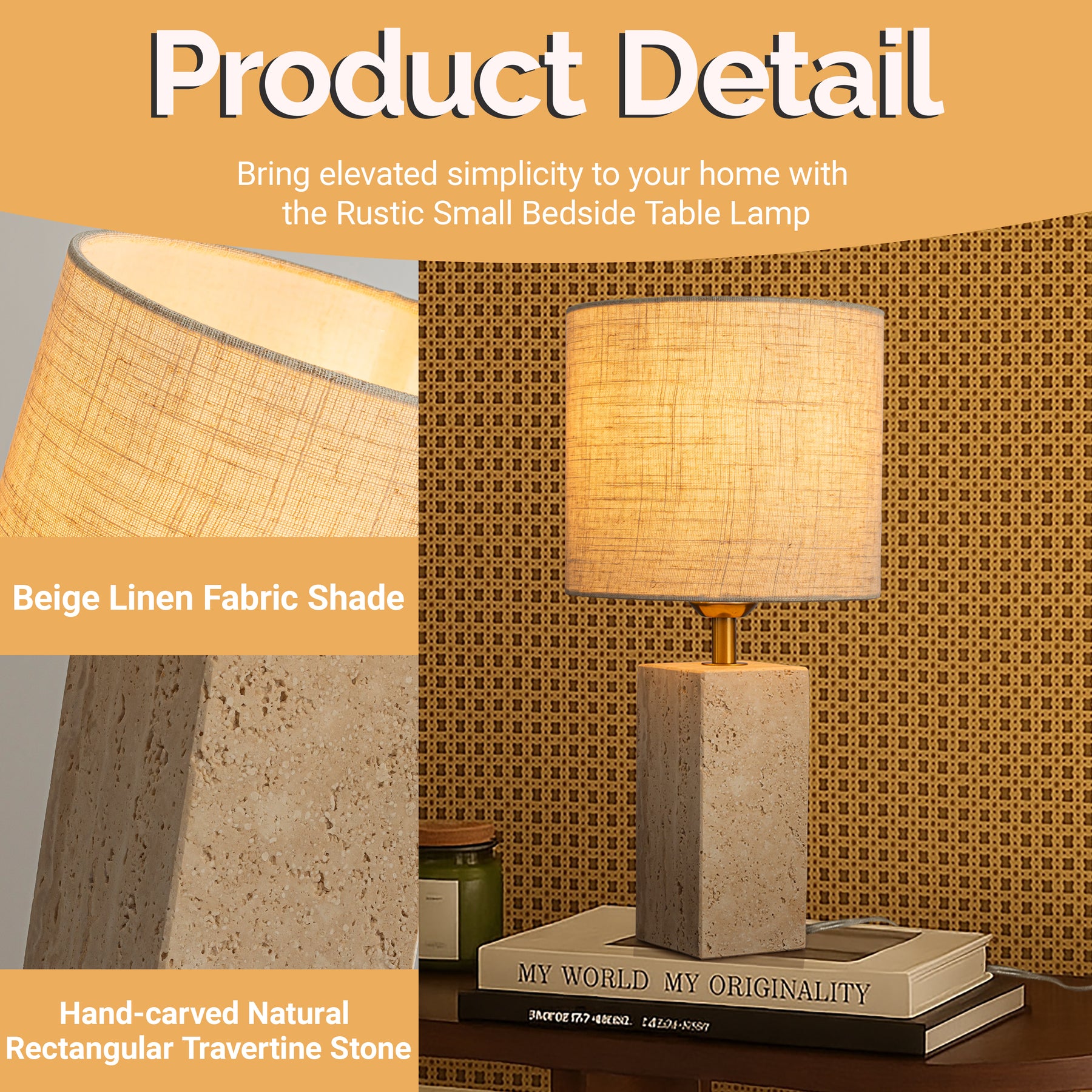 16'' Natural Small Travertine Stone Base Bedside Table Lamp – Modern Rectangular Nightstand Lamp with Beige Linen Shade for Bedroom Living Room Dining Room