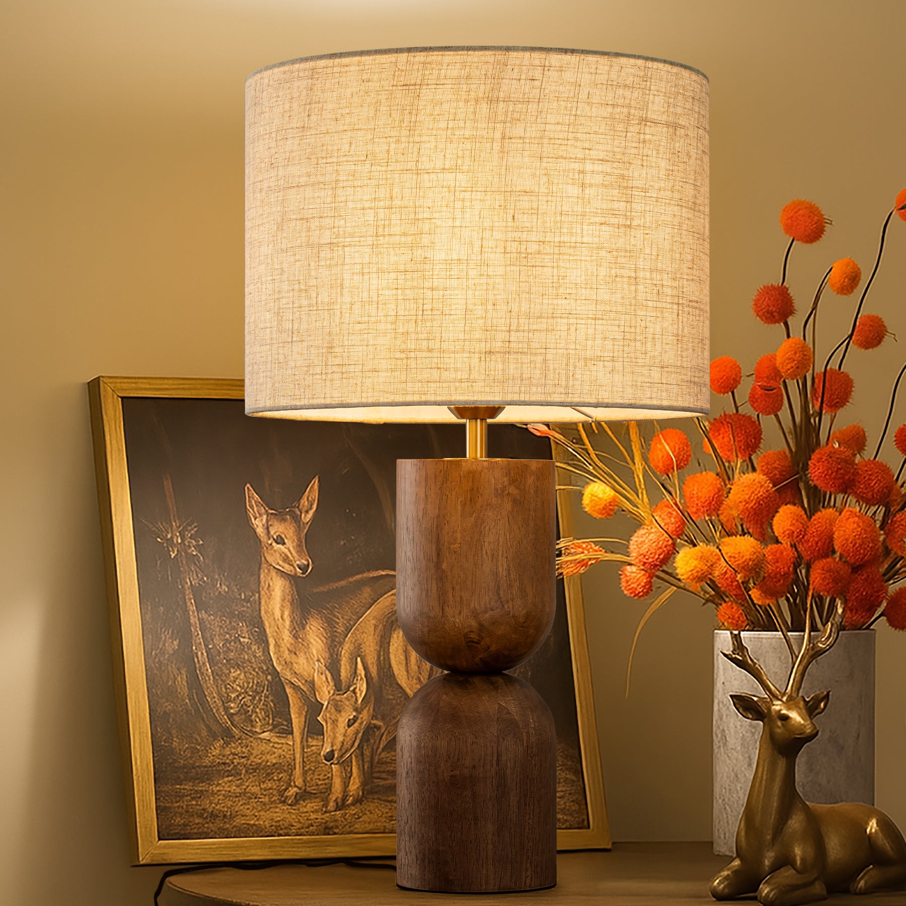 24'' Japandi Honey Brown Wood Base Bedside Table Lamp – Modern Classic Nightstand Lamp with Beige Linen Fabric Shade for Bedroom, Living Room